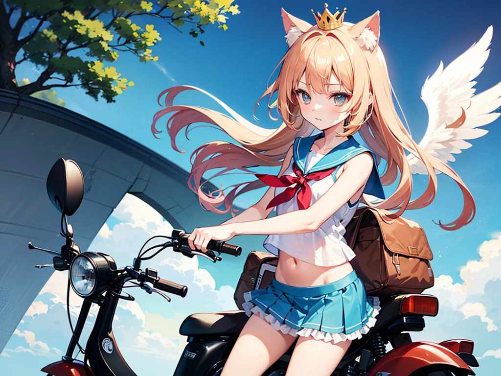 (very precise animated illustration), riding a scooter, cat ear helmet, wind, speed lines, loaded with camping gear,
One boy, young, small, cute shota, cat ears, angel, bright light blue long hair, sailor outfit in the form of short sleeveless camisole and extremely short mini skirt, frilly, ruffled hem, frilly crown, navel, shoulders, sides, thighs, flanks, groin, cool outfit,