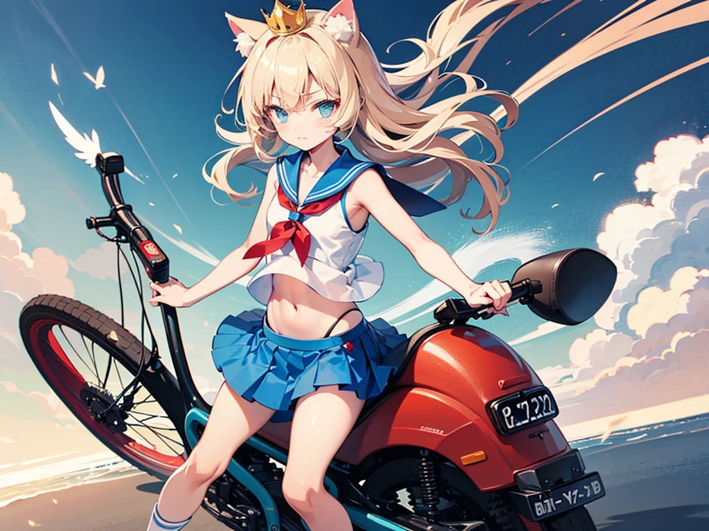 (very precise animated illustration), riding a scooter, cat ear helmet, wind, speed lines, loaded with camping gear,
One boy, young, small, cute shota, cat ears, angel, bright light blue long hair, sailor outfit in the form of short sleeveless camisole and extremely short mini skirt, frilly, ruffled hem, frilly crown, navel, shoulders, sides, thighs, flanks, groin, cool outfit,
