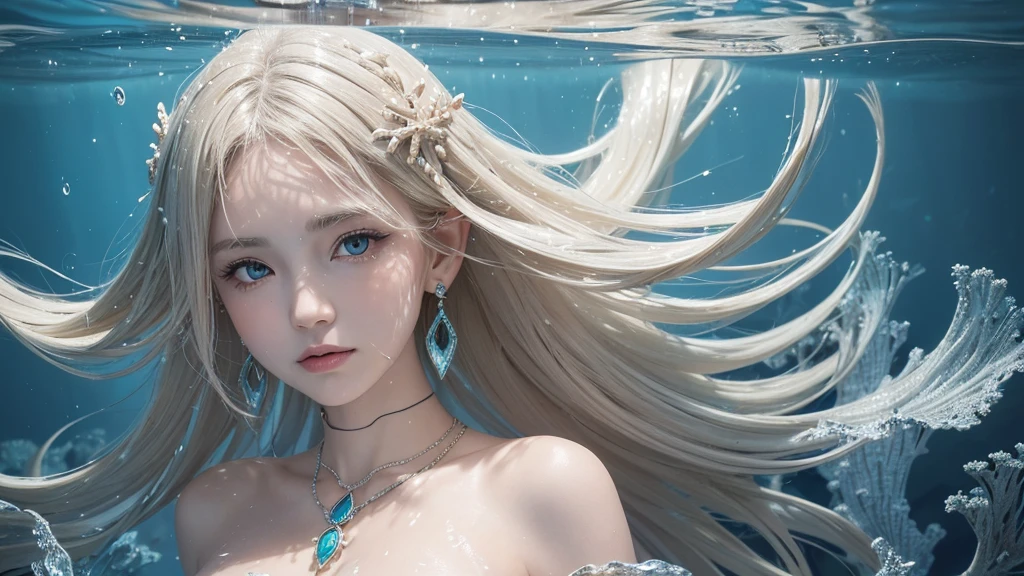 (Highest Quality Realistic Textured Skin),(terrible),(OK, round, Symmetrical eyes),Delicate facial features,(Burning bright cold eyes),(She has a mischievous smile),(Her face is kind and beautiful),Glass earrings in the ears,,(blonde),(Silvery white hair),(Chestnut Hair),(Swim at the bottom of the ocean),(Full body portrait:1.5),(Dramatic Photos:1.4),(Dramatic Pose),(Flashy photos)(look up),(Looking down),(Around her neck is a simple necklace made with exquisite craftsmanship.),Cluttered photos,(Hair flowing in water:1.5),(Underwater, Life at sea, 美しいCoral Reef, fish),(Background vortices and currents),(Dramatic Light),(Nice views),(美しいfishに囲まれて),遠くの背景にはCoral Reefに沈んだ寺院が見える,Coral Reef,Spectacular realism,Cinematic atmosphere,(High-density image review:1.5),(Soft colors:1.2),Very detailed,Dramatic Light,(Intricate details:1.1),Complex background,