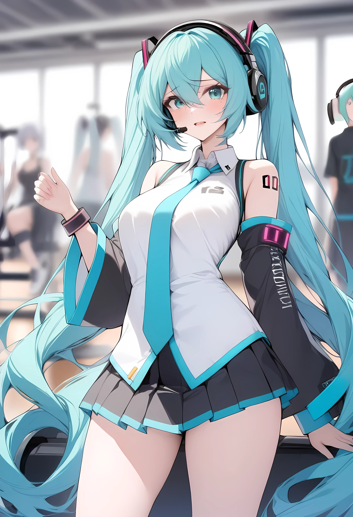 masterpiece, best quality, very aesthetic, absurdres, 1girl, ,hatsune_miku, vocaloid, very_long_hair, twintails, number_tattoo,aqua_eyes, aqua_hair,headphones, headset, aqua_necktie, collared_shirt, white_shirt,black_sleeves, detached_sleeves, black_skirt, pleated_skirt,,in gym,crying with eyes open,blur background,background defocus,