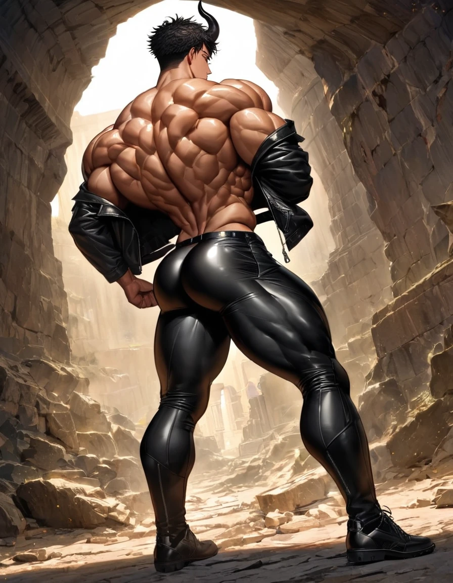 absurdres, highres, ultra detailed, HDR, masterpiece, Ren Zotto, vtuber, black hair, expressive red eyes, demon, black horns, 1man, handsome, black leather jacket, inside a dungeon, cave. A (Young face) 15 year old teen (15 yearsttractive boy, standing, full body. Mexican ethnicity. tanned skin, short hair bangs that fall on both sides of his youthful face. carefree expression, young man, alone, marked muscles, beautiful musculature, aesthetic stretch marks, inspiring physique, slender muscles, square pecs, beautiful V-cone, excellent abs and torso, chiseled abs, pectorals chiseled, perfect massive muscles, inflated muscles, voluminous pectorals, massive muscular body, a huge gigantic chest with a narrow waist, huge shoulders, ridiculously well-shaped large pecs, eight chiseled abs, (very toned and huge) with his military haircut and voluminous neck, narrow waist, golden eyes, young face, beautiful, young. Teen muscular young builder with extraordinary and firm back, chiseled muscles, rhomboid muscles, latissimus dorsi. Gigachad. He wears a leather jacket (JACKET) that reaches the height of his ribs and is open. (Bare torso) and tight black leather pants, bulge chest, he does not use a belt. He is shirtless under his jacket, which highlights his prominent abs and pectorals. He doesn't wear a belt. His muscles stand out. Ruins of greek temple background. Standing, full body. (((Back))) huge, firm and muscular thighs, round buttocks and round butt with back, huge ass ((firm buttocks)) with big butt. (((black latex pants))) (((Exposed muscular torso. Open jacket.)))