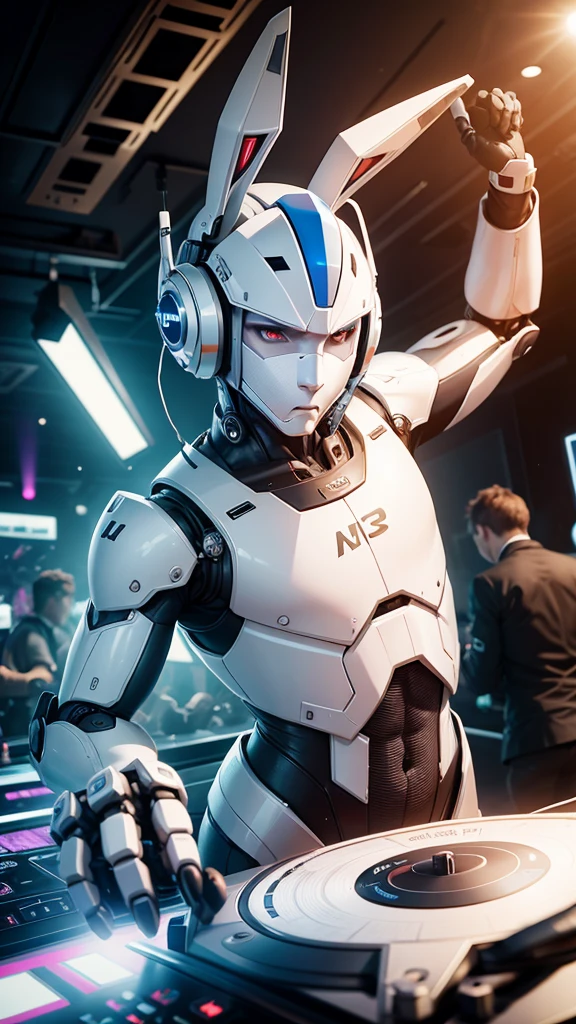 robot rabbit, White color, male gender, portrait photo style, non-human, in a club, playing on a turntable, non-human,