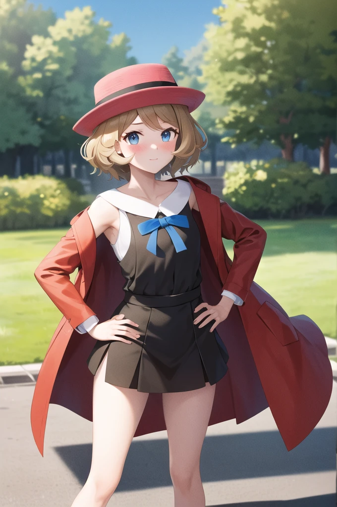 masterpiece, Highest quality, High resolution, Serena \(Pokemon\), short hair, blue eyes, One girl, alone, Blue Ribbon, eyelash, Black thighs, Neck ribbon, No sleeve, bangs, clavicle, Bare arms, Pink Dress, Red coat, Pink hat, Outdoor, Sitting, return, turning return to the viewer, Looking over your shoulder, surprise,blush, Lift up your skirt, Panty shot, panties, tight panties,  Red panties, Hands on hips.