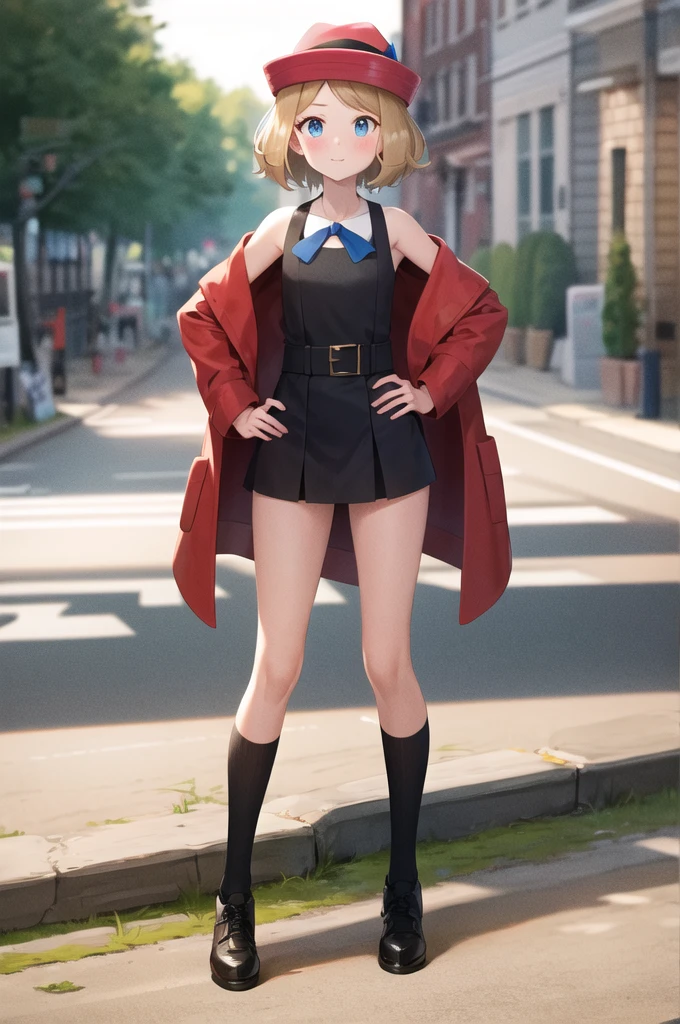 masterpiece, Highest quality, High resolution, Serena \(Pokemon\), short hair, blue eyes, One girl, alone, Blue Ribbon, eyelash, Black thighs, Neck ribbon, No sleeve, bangs, clavicle, Bare arms, Pink Dress, Red coat, Pink hat, Outdoor, Sitting, return, turning return to the viewer, Looking over your shoulder, surprise,blush, Lift up your skirt, Panty shot, panties, tight panties,  Red panties, Hands on hips.