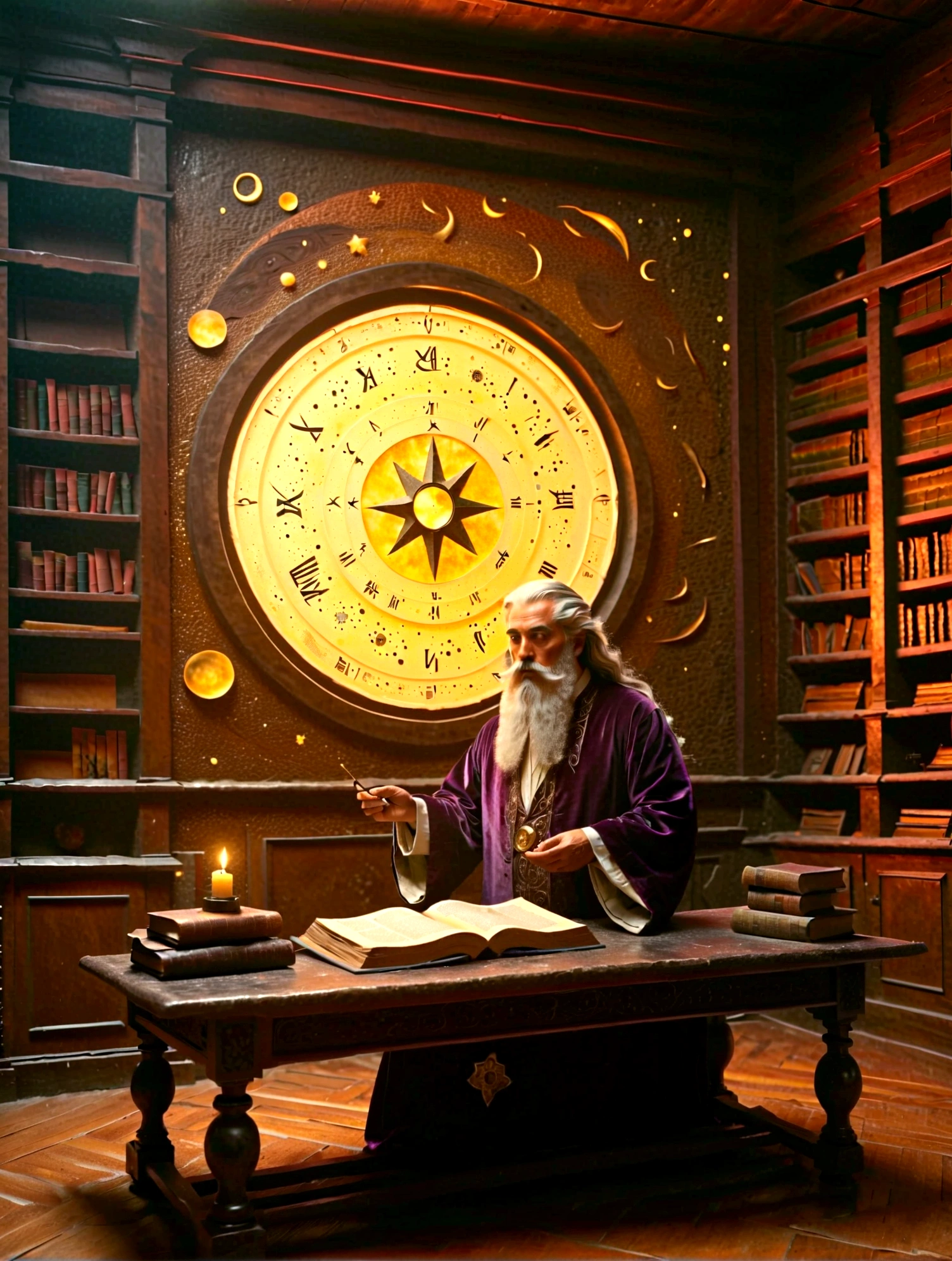 mystical astrologer in ancient library, starry galaxy projected on walls, astrological symbols glowing softly, astrologer wearing rich velvet robe with golden celestial patterns, holding a brass astrolabe, candlelit environment casting warm light on ancient texts, high intricate detailed face with sage-like wise expression, beautiful detailed eyes, strong detailed nose, mystical ambient lighting, (best quality, 8k,highres,masterpiece), vintage astrological tools, mysterious atmosphere, enchanted ancient library, age-worn books and scrolls, scattered star charts, lush curtain draperies in deep purple, intricate hairstyles, detailed beard and mustache, ambient occlusion, old wooden furniture, (oil painting style,enchanted,vivid colors)