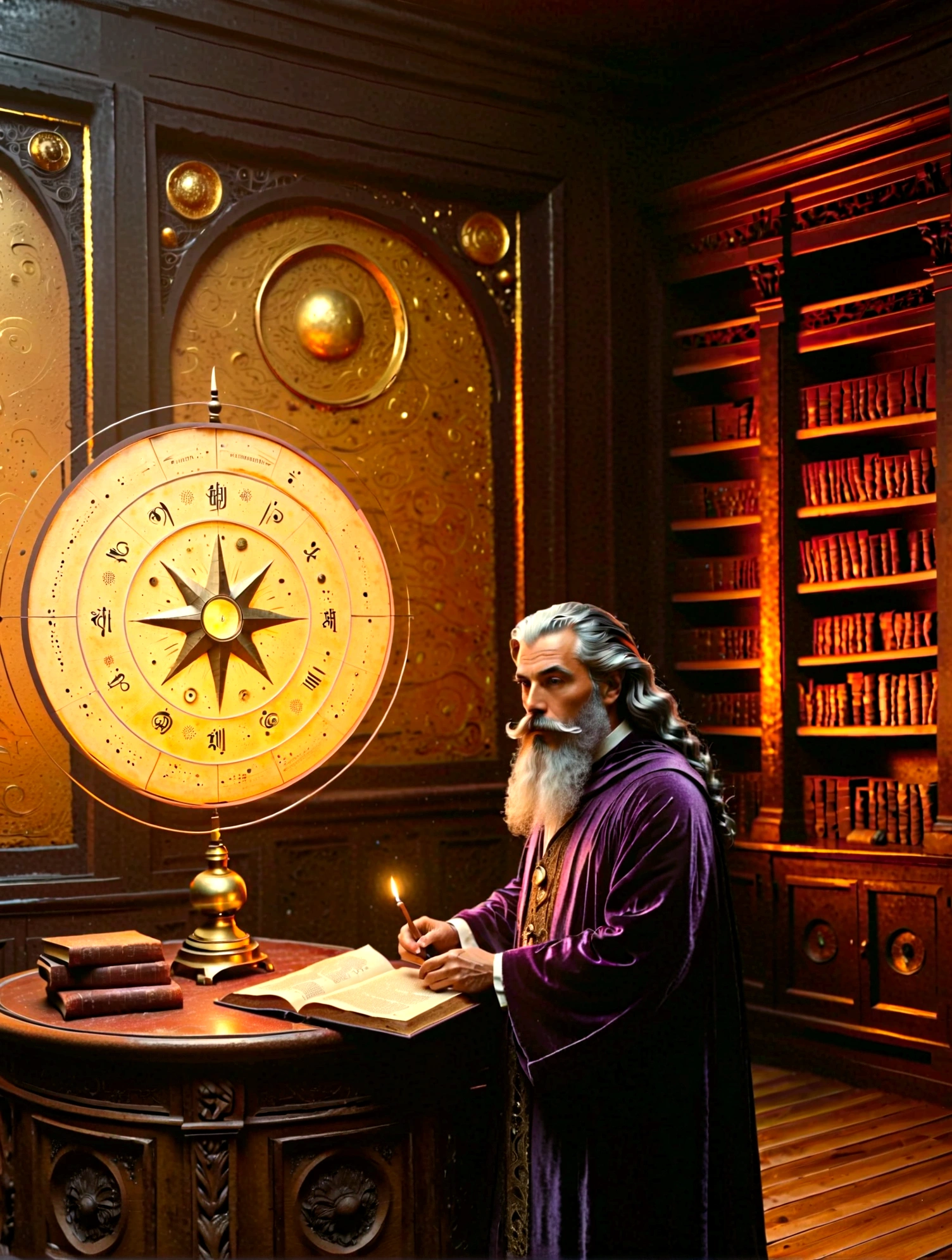 mystical astrologer in ancient library, starry galaxy projected on walls, astrological symbols glowing softly, astrologer wearing rich velvet robe with golden celestial patterns, holding a brass astrolabe, candlelit environment casting warm light on ancient texts, high intricate detailed face with sage-like wise expression, beautiful detailed eyes, strong detailed nose, mystical ambient lighting, (best quality, 8k,highres,masterpiece), vintage astrological tools, mysterious atmosphere, enchanted ancient library, age-worn books and scrolls, scattered star charts, lush curtain draperies in deep purple, intricate hairstyles, detailed beard and mustache, ambient occlusion, old wooden furniture, (oil painting style,enchanted,vivid colors)