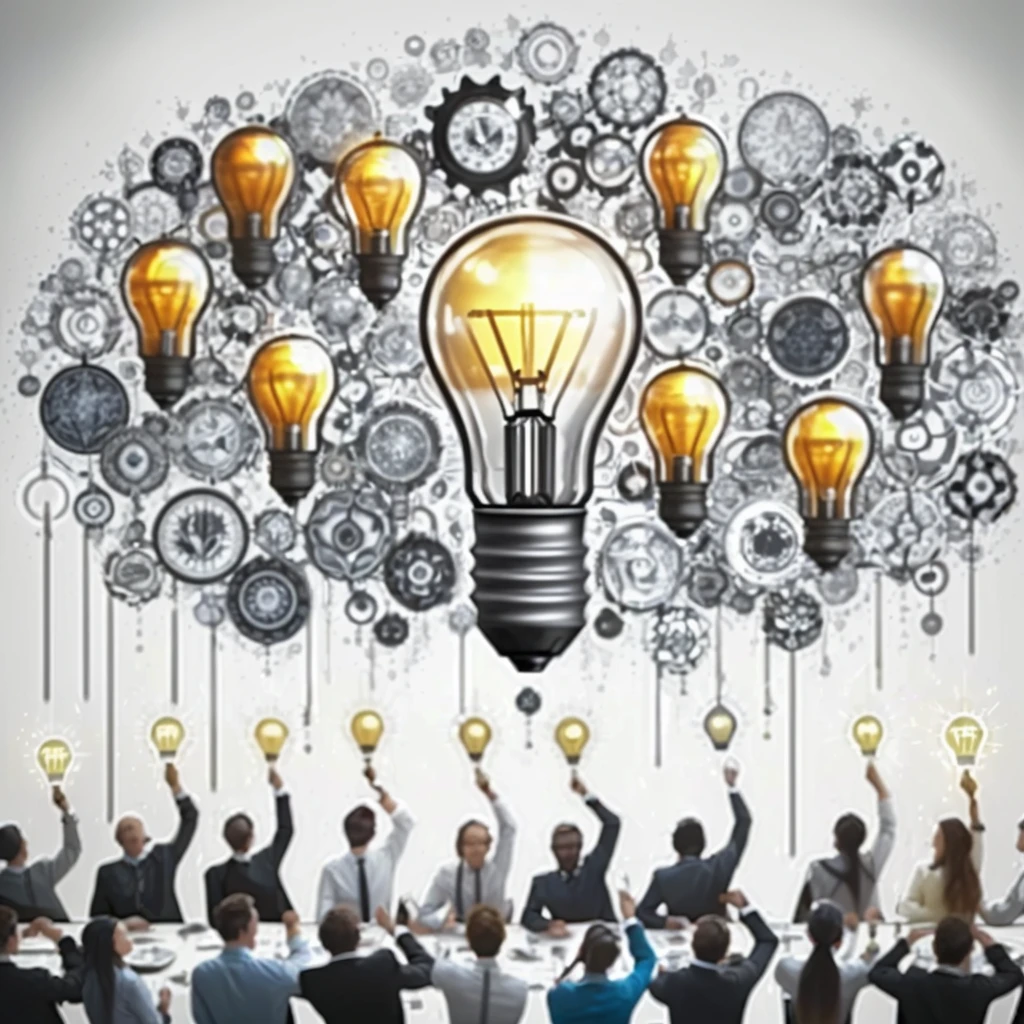 a group of people sitting around a table with a light bulb above them, stockphoto, by Adam Marczyński, by Judith Gutierrez, enlightening, high quality picture, imaginative!!, by Konrad Witz, by Joseph Werner, by Daniel Schultz, by Teresa Fasolino, by Maksimilijan Vanka, istockphoto, the idea