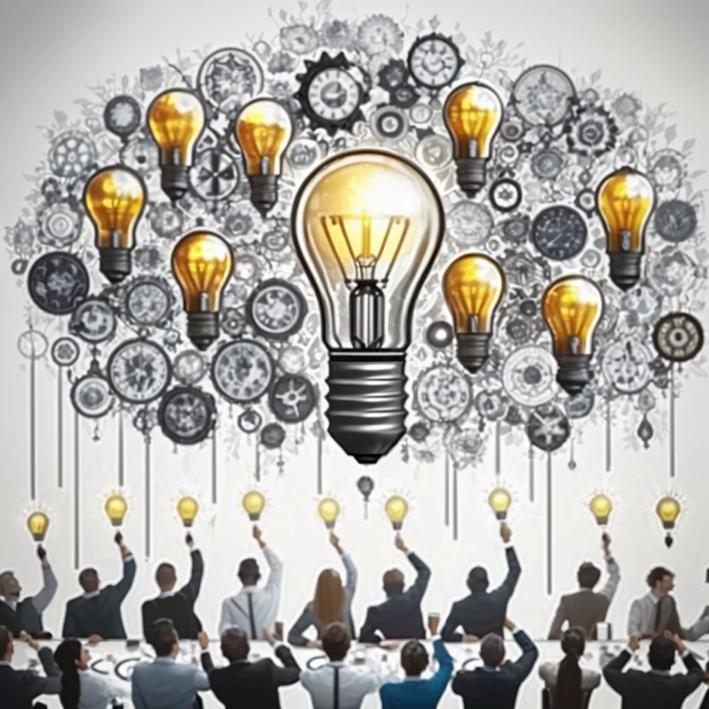 a group of people sitting around a table with a light bulb above them, stockphoto, by Adam Marczyński, by Judith Gutierrez, enlightening, high quality picture, imaginative!!, by Konrad Witz, by Joseph Werner, by Daniel Schultz, by Teresa Fasolino, by Maksimilijan Vanka, istockphoto, the idea