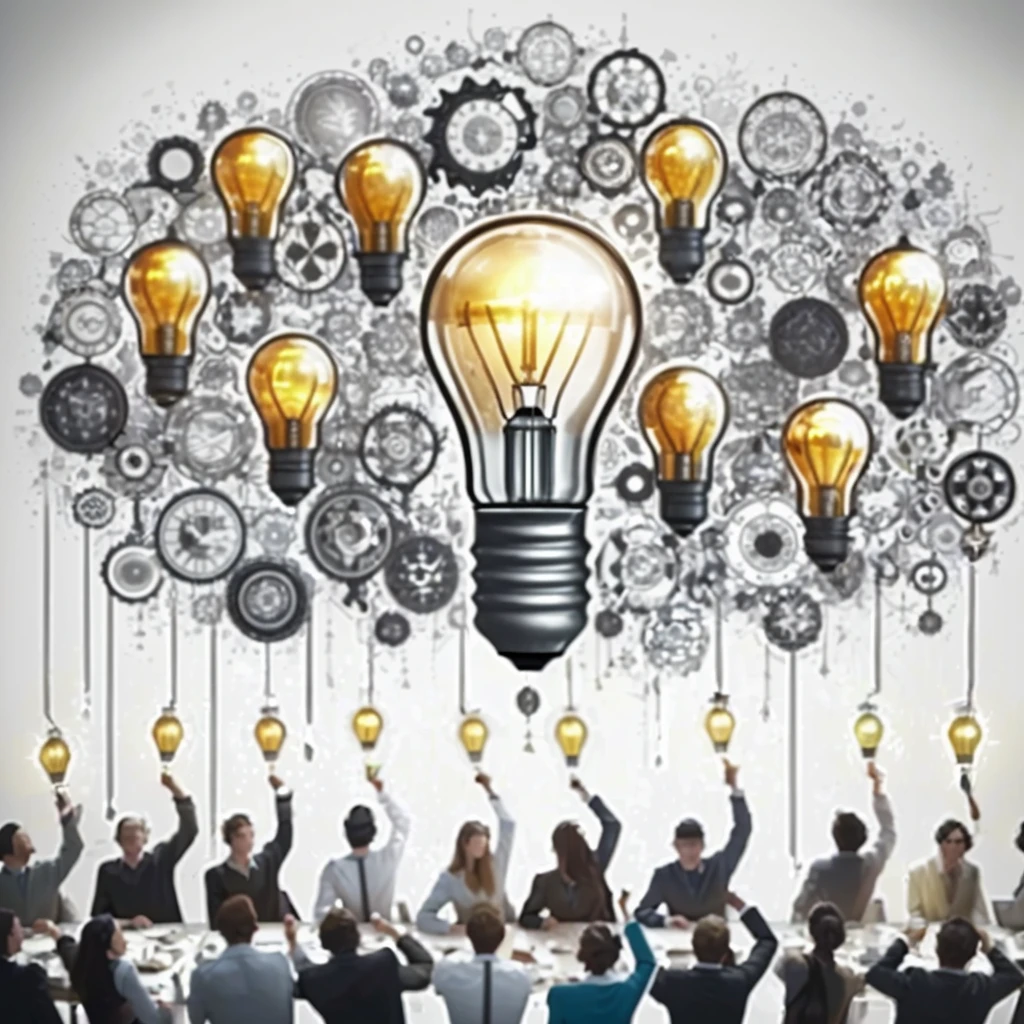 a group of people sitting around a table with a light bulb above them, stockphoto, by Adam Marczyński, by Judith Gutierrez, enlightening, high quality picture, imaginative!!, by Konrad Witz, by Joseph Werner, by Daniel Schultz, by Teresa Fasolino, by Maksimilijan Vanka, istockphoto, the idea