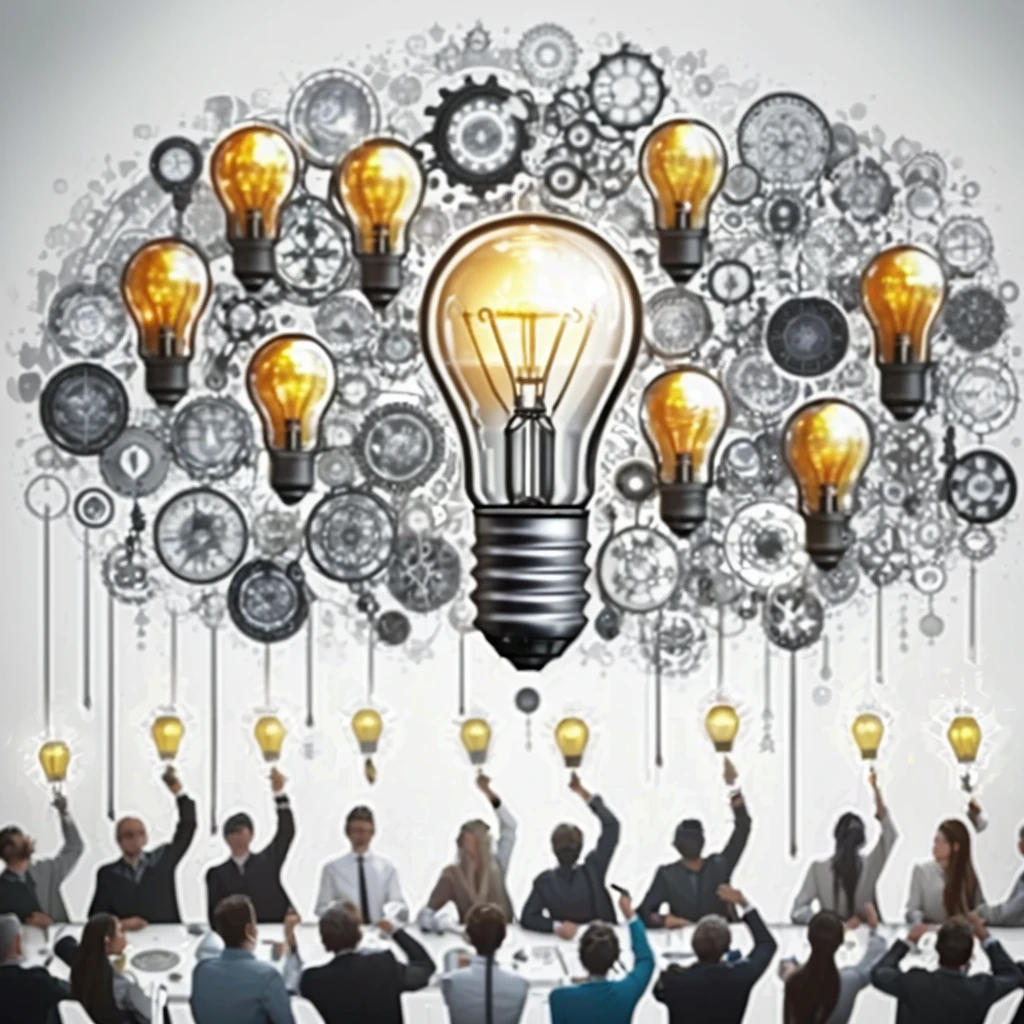 a group of people sitting around a table with a light bulb above them, stockphoto, by Adam Marczyński, by Judith Gutierrez, enlightening, high quality picture, imaginative!!, by Konrad Witz, by Joseph Werner, by Daniel Schultz, by Teresa Fasolino, by Maksimilijan Vanka, istockphoto, the idea
