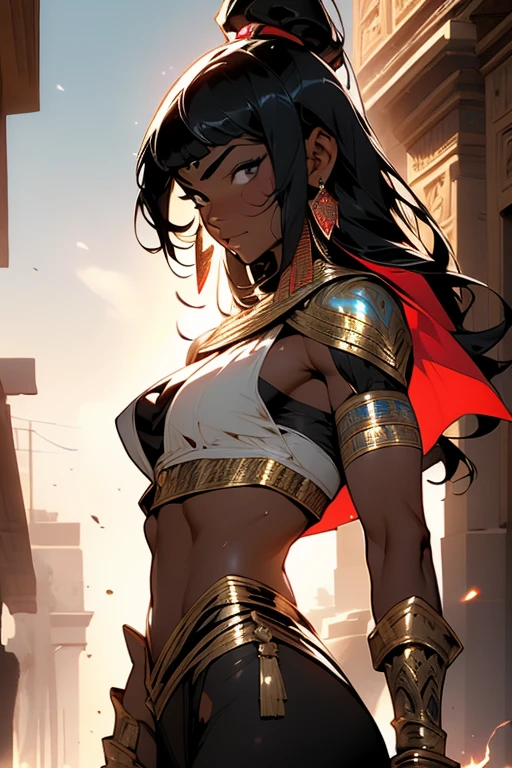 ((Frank Frazetta)), beautiful black woman, Beautiful black eyes、 Egyptian woman, (Glossy Egyptian ornaments), muscular and perfect body,(top-quality、8K、32k、​masterpiece、nffsw:1.3)、超A high resolution,(Photorealsitic:1.4),, long black hair with heavy bangs on the forehead,,Ray Tracing,sun glare,depth of fields,By backlight effect、Add depth to your screen、muscular body, Red veil, dark skin shiny with oil and sweat, Anubis warrior in small clothes, golden good, Egyptian tattoo,, Large breasts, Generous cleavage, , A desert, pyramids in the background