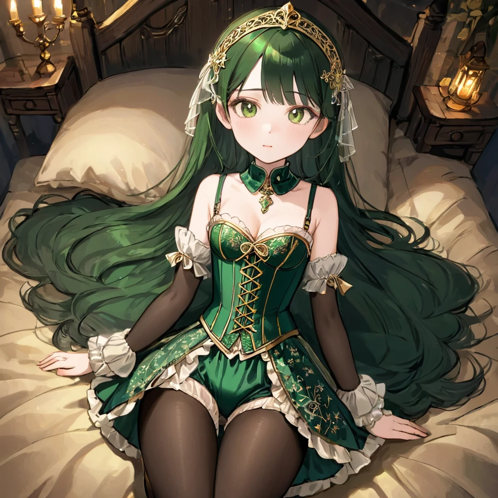 8 year old medieval girl, １people々、In underwear、Gold and silver thread embroidery、Translucent underwear that reaches below the knee（Bloomers）wear、wear a semi-transparent corset、Translucent slip, Dark green semi-transparent tights、sleep