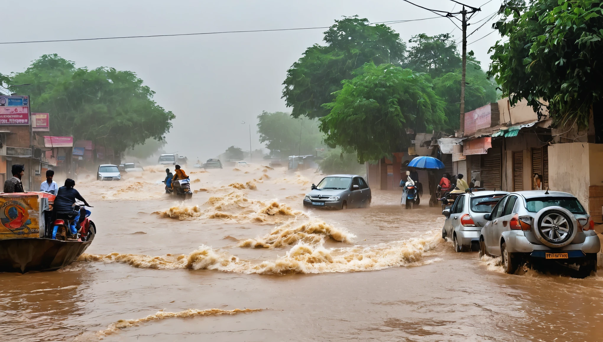 The image depicts a threatening scenario. The situation is terrible. Heavy rain falls with strong winds, caused serious inconvenience, like floods, building collapses and destruction of roads in Rajasthan, india.