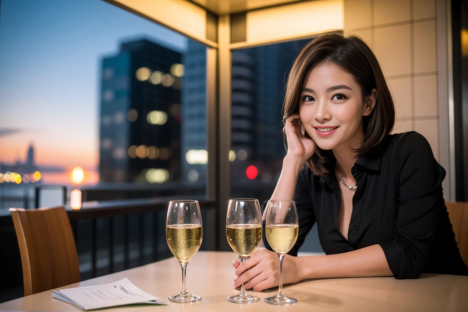 ((Highest quality、8K、masterpiece:1.3))、slimカップル、modelカップル、(Realistic, Intricate details:1.2), full-course dinner、Wine Party、Amazing view of the sunset sky and clouds、A bright smile、The wonderfulness of smile、Bright image、The beauty of wine, Beautiful Face, blue eyes, The light shines on your face, Blushing, short hair,Bright Face、 (Age 37), 39 years old, red wine 、Appetizers、Italian food、Wine bottle、Champagne、sparkling wine、Two beauties、Brown Hair、Shortcuts、Long sleeve shirt、dress、Beautiful woman 1, (slimな顔), (The body is slim), (Brown Hair), (Shortcuts), cheeks turn a little red,Attractive beauty、restaurant, In a prominent place (From the waist up) Nova Frog Style, actress, model, Upper Body, White wine, slim, wine glass, 中央に置かれたwine glass, smile, (smile: 1.15), Beautiful fine grain, Depth f/2,saturation, High Contrast, Strong light and shadow,Moist Body:1.5、3D texture、Delicate eyes、Brown Hair、The hair is very shiny、