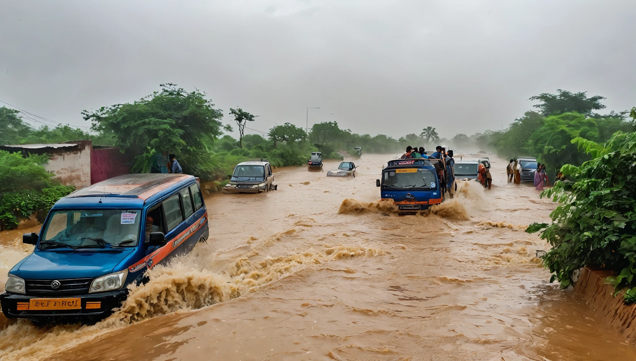The image depicts a threatening scenario. The situation is terrible. Heavy rain falls with strong winds, caused serious inconvenience, like floods, building collapses and destruction of roads in Rajasthan, india.