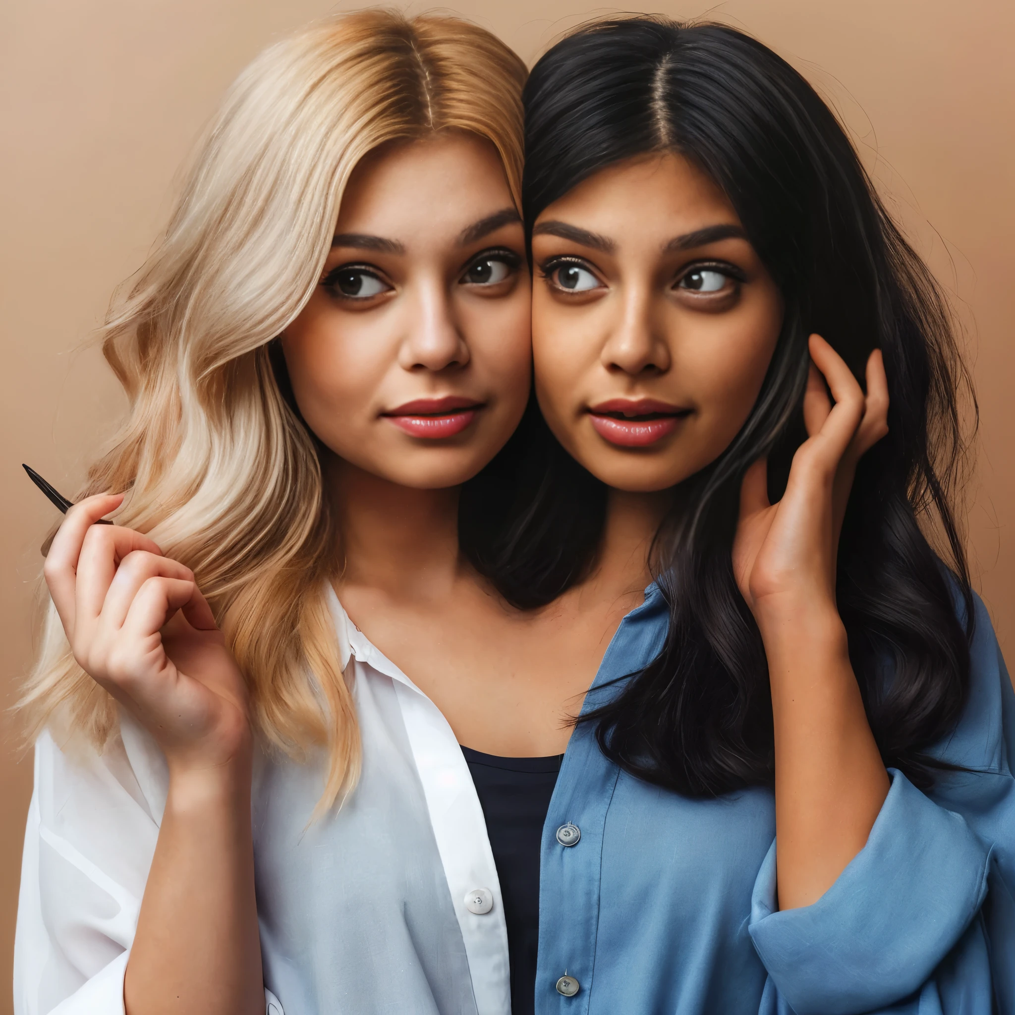 Best resolution, 2heads, woman with two heads, different faces, button shirt