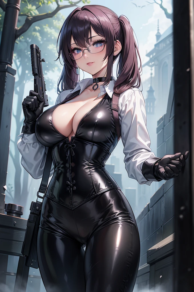Masterpiece, Beautiful art, professional artist, 8k, art style by sciamano240, Very detailed face, Detailed clothing, detailed fabric, 1 girl, perfectly drawn body, fighting pose, beautiful face, big breasts, hair pigtails, blue eyes, very detailed eyes, pink cheeks, smug expression with smile, glasses, choker:1.6, (long sleeve white collar buttoned shirt), black gloves, gloves covering hands, (holding an AK-47), (black leather corset), (shiny black leggings), sensual lips , evening de invierno, show details in the eyes, view from front, looking at the viewer, dark path, dark forest, evening, Atmosphere, fog