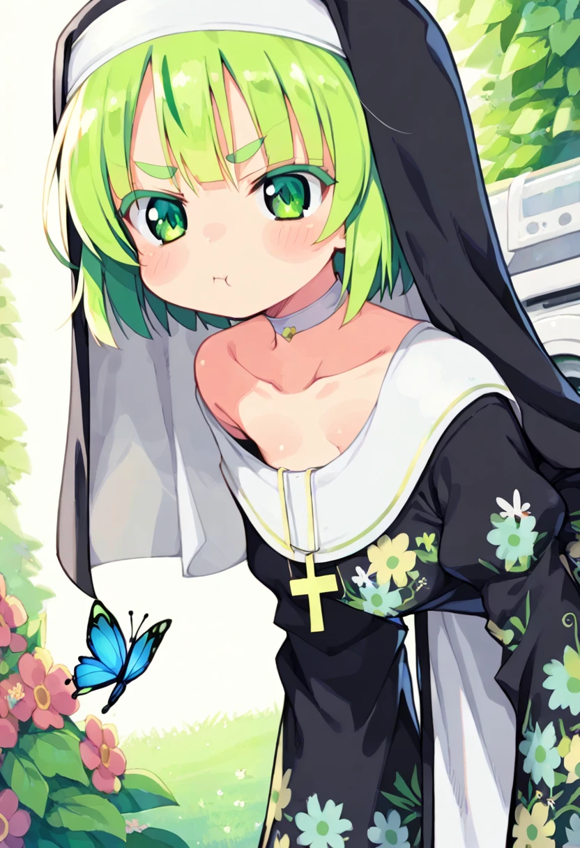 score_9, ,score_7_up, score_6_up, 1girl, source_cartoon, source_anime,breathtalking Scenery,watercolor,smooth soft skin, natural skin,anime screencap,mjm,Bfg 
BREAK 
(loli:1.4),(little female child:1.4), small breast,cute face, (loli toddler:1.1), 6 yo,kawaii, (highlight on eyes), (jiggly:0.8), shiny skin,
BREAK 
(medium green hair:1.3),(green maro eyebrows:1.6),pouty and slightly grumpy,(pout:1.2), ::(, (jitome),(frown:0.6),white streaked hair, green eyes, 
BREAK 
(Floral print nun dress:1.1), (pastel veil:1.2),choker,nun,butterfly sleeves, excessive detailed collarbone,exposed collarbone, dynamicangle,dynamicpose,bloom effect,
BREAK
(hanging out the laundry:1.3),(laundry,Clothes are drying:1.2),(from side,:1.2 ),cowboy shot,looking at viewer,flower garden,grass,nature,countryside,pastelcolor,