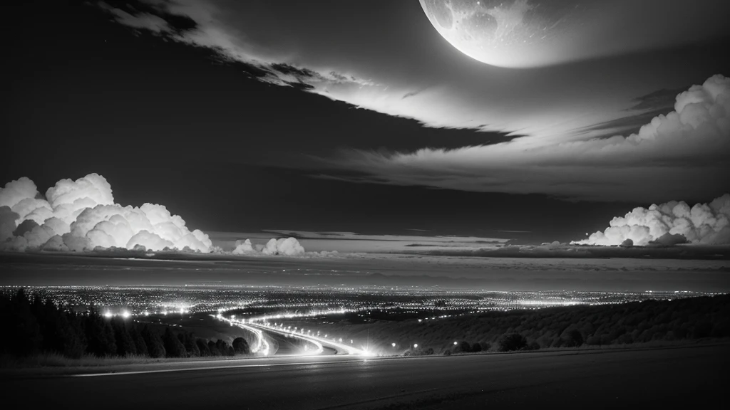 night landscape, moonligh, clouds, black and white predominating 
