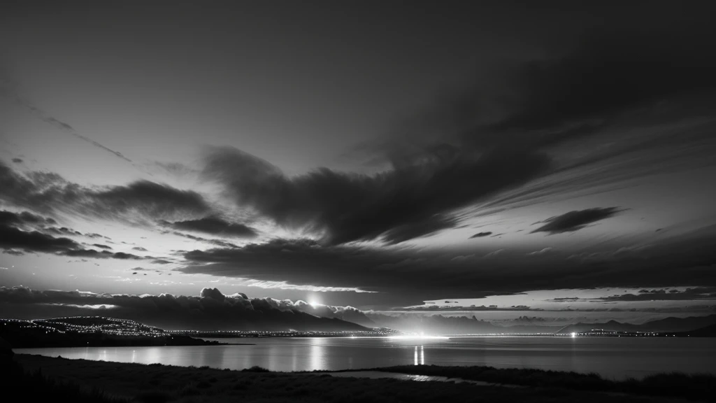 night landscape, moonligh, clouds, black and white predominating 