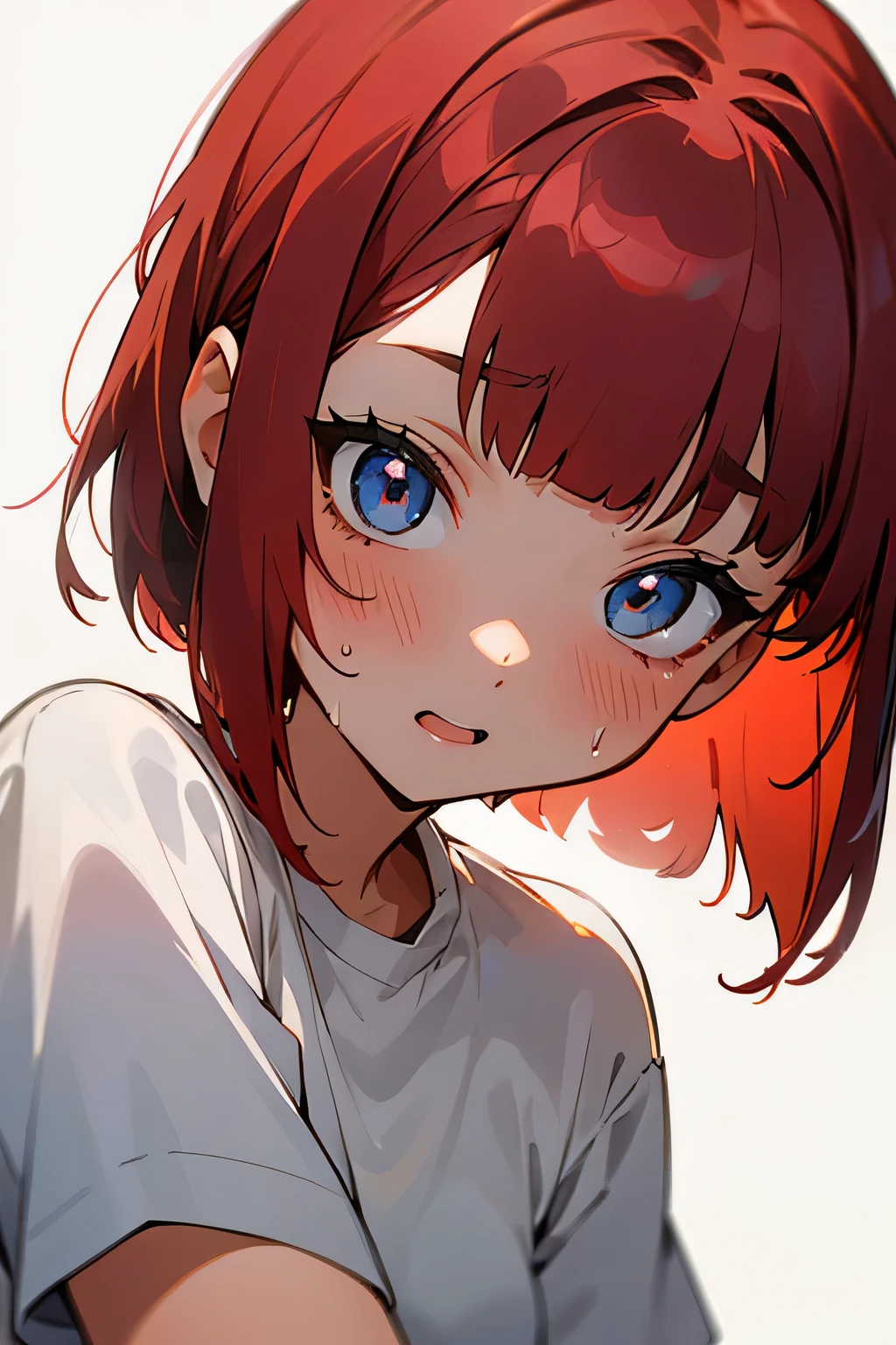 20-year-old female、cute、Bob hairstyle、Surprised face、Red Hair、Bob hairstyle、White Shirt、Sweating、hot、Background white、No background