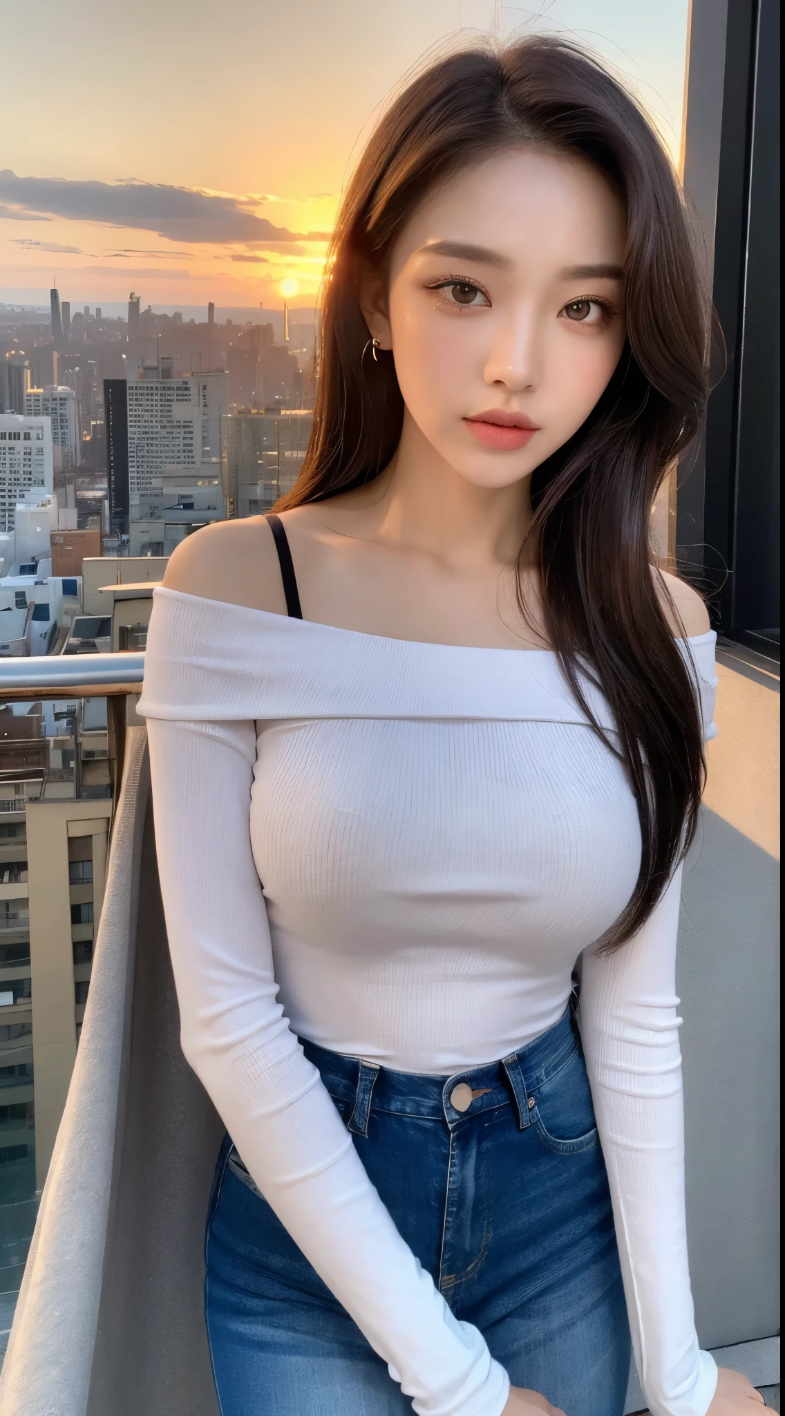 ((midnight, best quality, 8K, masterpiece :1.3)), whole body, long legs, sharp focus :1.2, pretty girl with perfect body :1.4, slim abs :1.1, ((dark brown hair, big bust :1.2)), (white tight t-shirt, bib jeans, standing:1.2), ((night city view, rooftop:1.3)), Highly detailed face and skin texture, detailed eyes, double eyelid, sunset, become dark, backlight, off shoulder