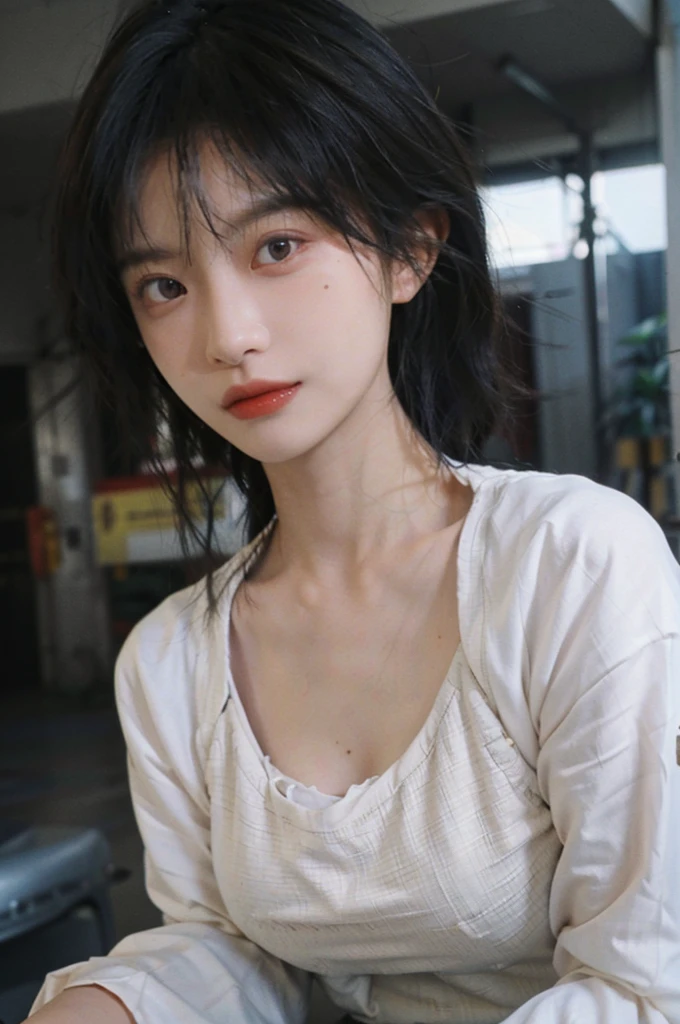 1 girl，Model，Upper Body，short hair,A faint smile,serene, calm，Moles under the eyes,Exquisite eyes, Delicate face,Lipstick,earrings,Hair details, skirt，（Dress conservatively：1.3）(Large Breasts:1.2),outdoor,background,城市background，(Skin details:1.4),(Realistic and detailed eyes：1.2）, Natural skin texture, Realistic facial details,Close-up of face,Portrait Photography,(Portrait Photography:1.1), (smooth skin textures:1.3), (Highest quality real skin textures:1.4), Direct vision,Soft dramatic lighting, Vivid details, 35 mm film, (Photo Practical:1.4), (hyper Practical:1.4), (Practical:1.3), (Smoother lighting:1.05), (Improve lighting quality:0.9), (Enhance the beauty of skin texture:1.1), Depth of Field, Bokeh, Surrealism, Ray Tracing, ( Surrealism, High Detail, Chiaroscuro, Ray Tracing, reflected light, Ultra HD, Ultra HD, masterpiece, Textured Skin, Super Detail, High Detail, high quality, best quality