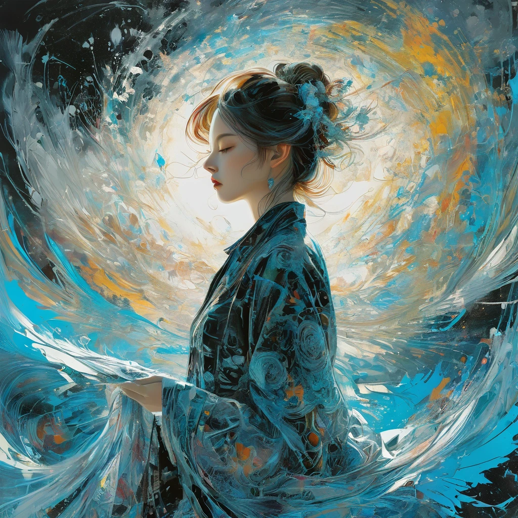 Abstract Expressionist Paintings - Abstract Beauty,(Black transparent, Lace),Flotation,(((Looking at the camera))),Nearly perfect,Dynamic,moonlight,Very detailed,number,Art Station,concept art,Smooth,Clear focus,illustration,Artwork by Carne Griffiths and Wadim Kashin . Vibrant brushwork, Bold Colors, Abstract Form, expressive, emotion, official art,Unity 8K wallpaper,Super detailed,Beautiful and beautiful,masterpiece,best quality,(zendispute, Mandala, dispute, endispute),(Fractal Art:1.3),1 Girl,(Medium chest extremely detailed),((Cowboy shooting:1.5)),Chaos in its most beautiful form,elegant,brutalist design,bright colors,,by James Jean,Robbie Devi Antonio,Ross Chen,French Bacon,Michael Mraz,Adrian Genius,Petra Cottwright,Gerhard Richter,Takato Yamamoto,Ashley Wood,atmosphere,The ecstasy of notes,Streaming notes are visible,