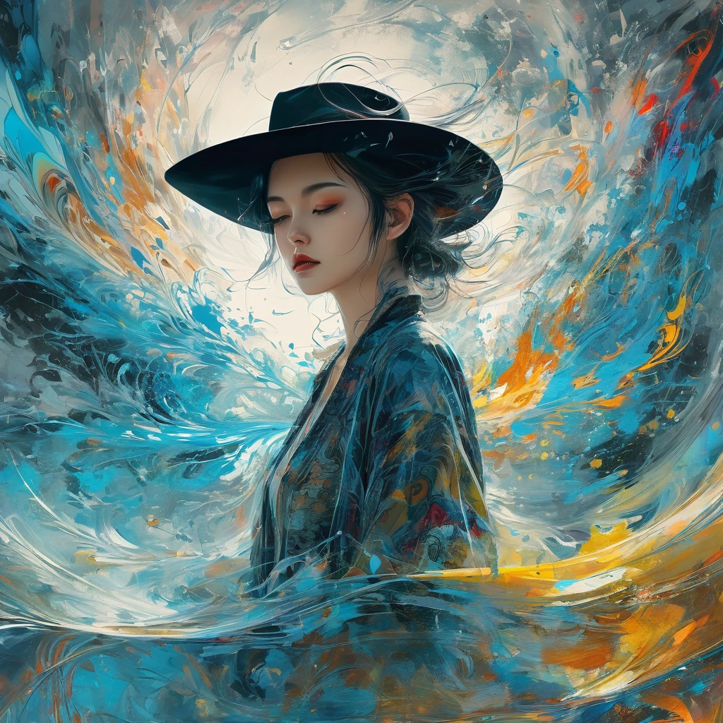 Abstract Expressionist Paintings - Abstract Beauty,(Black transparent， Lace),Flotation，(((Looking at the camera))),Nearly perfect,Dynamic,moonlight,Very detailed,number,Art Station,concept art,Smooth,Clear focus,illustration,Artwork by Carne Griffiths and Wadim Kashin . Vibrant brushwork, Bold Colors, Abstract Form, expressive, emotion, official art,Unity 8K wallpaper,Super detailed,Beautiful and beautiful,masterpiece,best quality,(zendispute, Mandala, dispute, endispute),(Fractal Art:1.3),1 Girl,(Medium chest extremely detailed),((Cowboy shooting:1.5)),Chaos in its most beautiful form,elegant,brutalist design,bright colors,,by James Jean,Robbie Devi Antonio,Ross Chen,French Bacon,Michael Mraz,Adrian Genius,Petra Cottwright,Gerhard Richter,Takato Yamamoto,Ashley Wood,atmosphere,The ecstasy of notes,Streaming notes are visible,