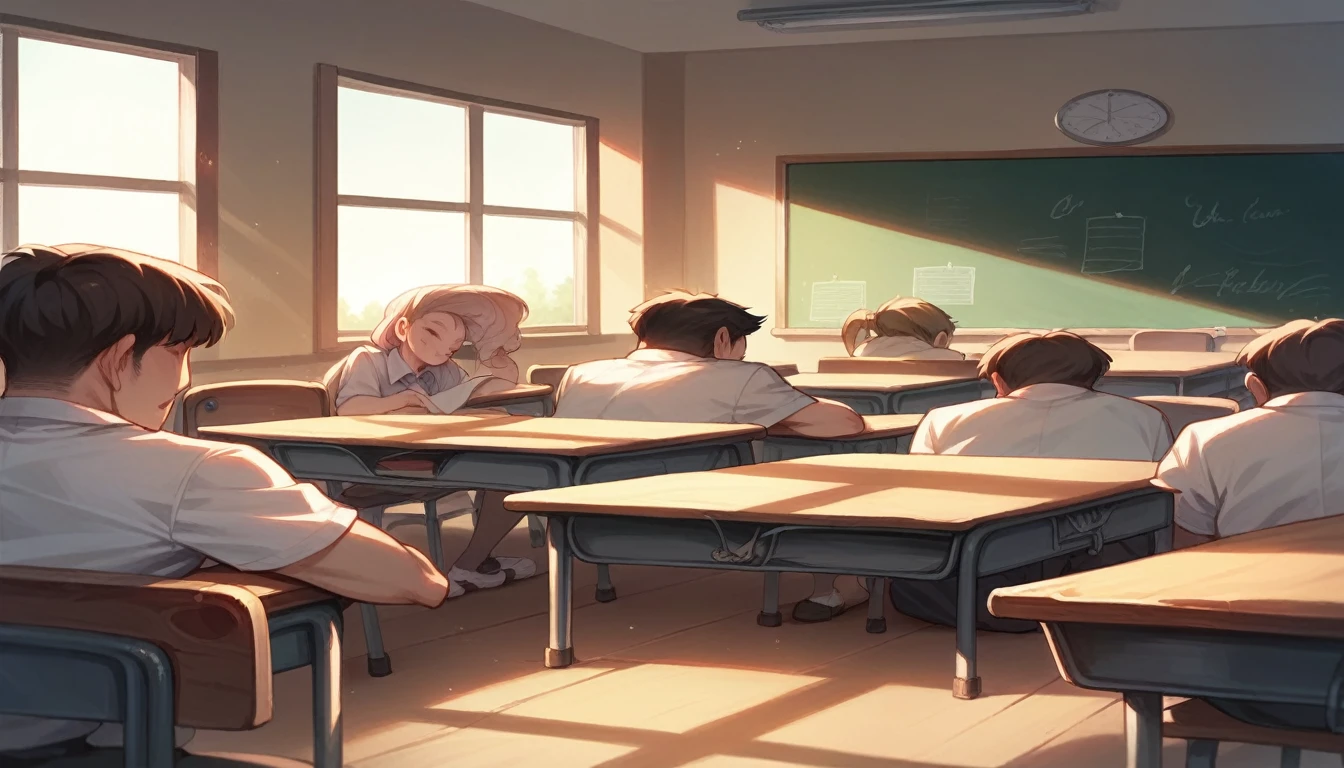 MULTIPLE Elementary School Students, Group photo, 3+girl,4+boy, study, detailed , View the viewer, Highest quality, employment, detailed background, Beautiful lighting, classroom