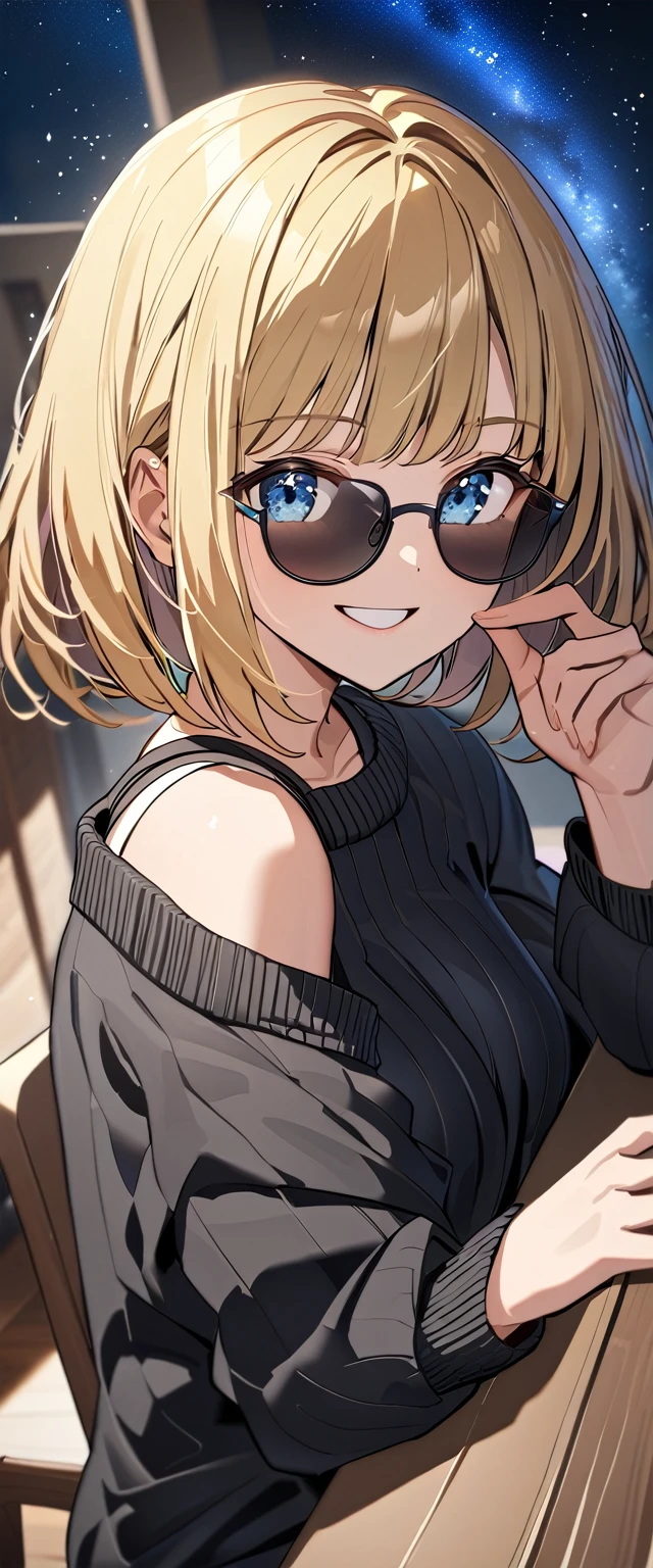 ((grin)), ((off-shoulder sweater:1.3, Quite thick shoulder straps)), ((black sweater)), ((blond hair, bob cut:1.3)), ((sunglasses, hand to sunglasses)), (((from side))), ((((upper body)))), ((Leaning to side)), (((a beautiful starry sky, the Milky Way shining beautifully in the night))), ((sitting on the very high cliff)), wavy hair, inward curled hair, ((sea)), breasts, ager, (looking at viewer), oversized clothes, puffy long sleeves, collarbone, head tilt:1.3, (((blue eyes))), happy smile, (((anime style))), (best quality, 4K, 8K, highres, masterpiece:1.2, ultra-detailed, ultra-detailed eyes, HDR, uhd, studio lighting, ultra-fine painting, sharp focus, physically-based rendering, extreme detail description, professional, vivid colors, bokeh)