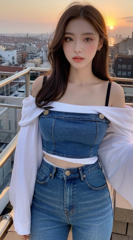 ((midnight, best quality, 8K, masterpiece :1.3)), whole body, long legs, sharp focus :1.2, pretty girl with perfect body :1.4, slim abs :1.1, ((dark brown hair, big bust :1.2)), (white tight t-shirt, bib jeans, standing:1.2), ((night city view, rooftop:1.3)), Highly detailed face and skin texture, detailed eyes, double eyelid, sunset, become dark, backlight, off shoulder