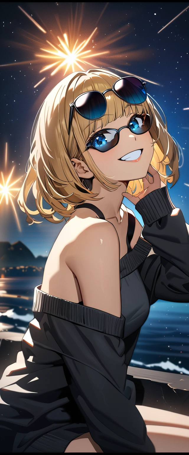 ((grin)), ((off-shoulder sweater:1.3, Quite thick shoulder straps)), ((black sweater)), ((blond hair, bob cut:1.3)), ((sunglasses, hand to sunglasses)), (((from side))), ((((upper body)))), ((Leaning to side)), (((A meteor shower dancing in the night sky, countless stars twinkling in the clear air))), ((sitting on the very high cliff)), wavy hair, inward curled hair, ((sea)), breasts, ager, (looking at viewer), oversized clothes, puffy long sleeves, collarbone, head tilt:1.3, (((blue eyes))), happy smile, (((anime style))), (best quality, 4K, 8K, highres, masterpiece:1.2, ultra-detailed, ultra-detailed eyes, HDR, uhd, studio lighting, ultra-fine painting, sharp focus, physically-based rendering, extreme detail description, professional, vivid colors, bokeh)