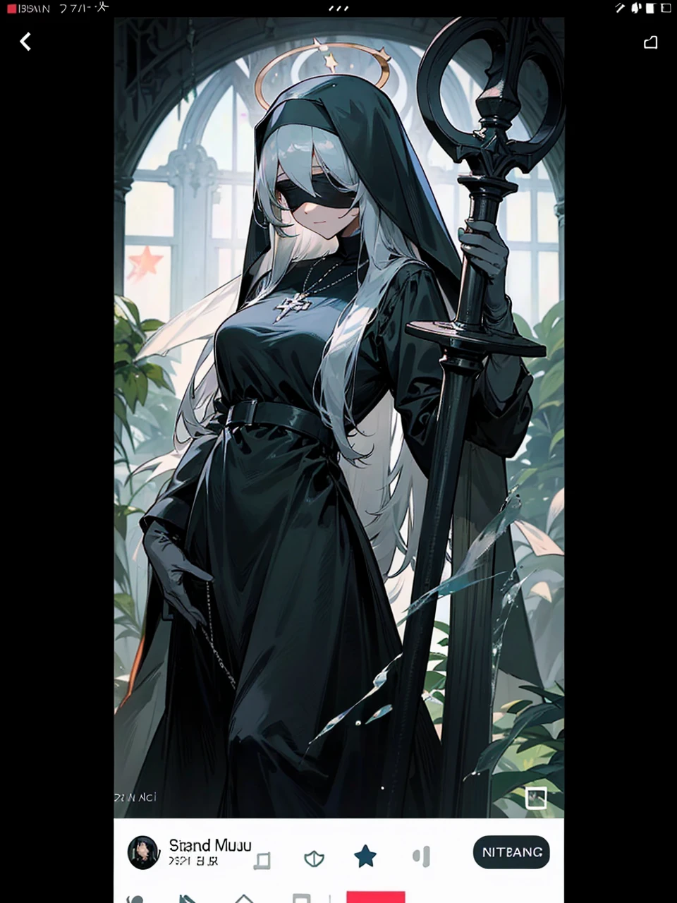 a nun with a blindfold and a modest black church nun outfit, with some silver jewelry, she also wears a long see through veil on her head, with a faded sliver star shaped halo at the back, she is holding her hands together symbolizing a prayer gesture.