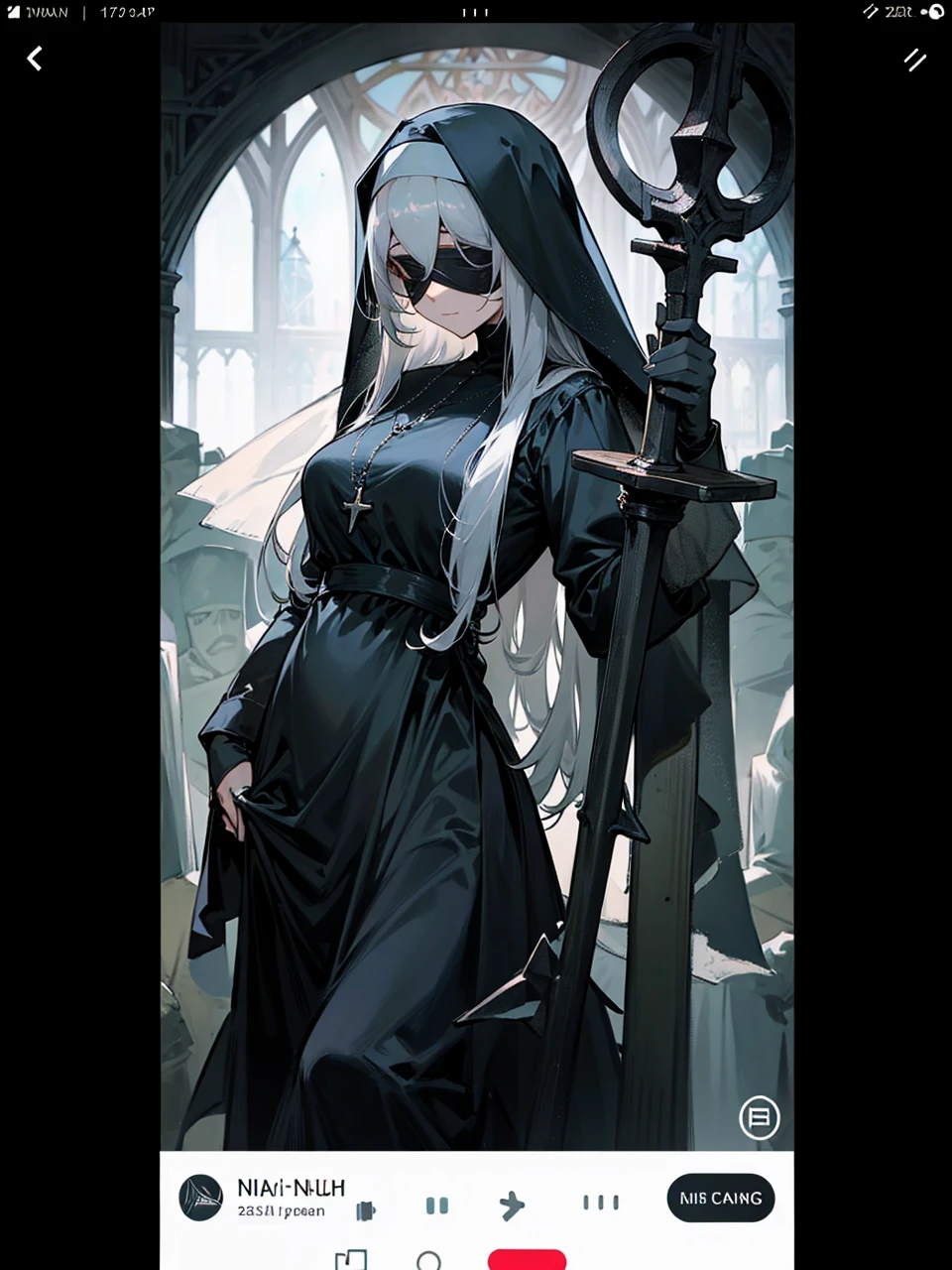 a nun with a blindfold and a modest black church nun outfit, with some silver jewelry, she also wears a long see through veil on her head, with a faded sliver star shaped halo at the back, she is holding her hands together symbolizing a prayer gesture.
