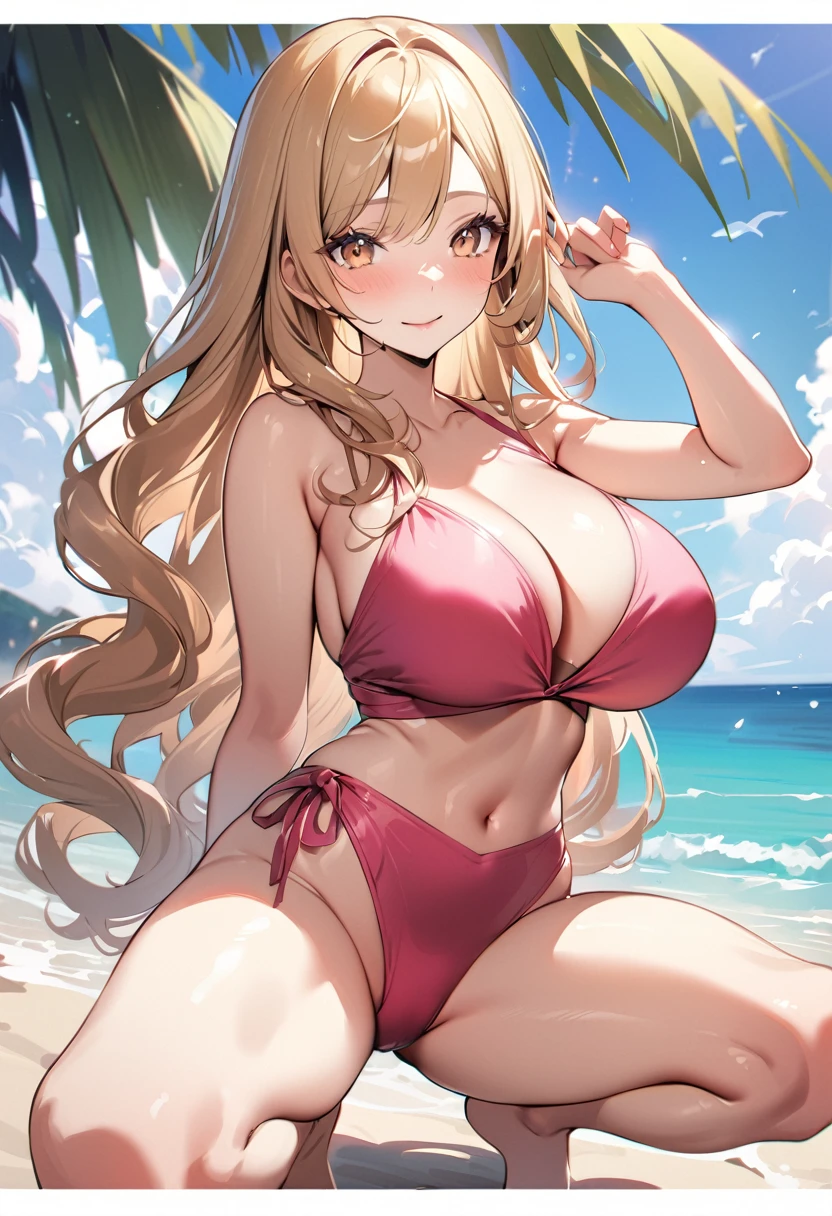 1 lady, 20 years old, blonde hair, long hair, wavy hair, light brown eyes, huge breasts,
BREAK (masterpiece), (high resolution 8K), cinematic lighting, professional lighting, detailed eyes and face, detailed body, 
BREAK　A beautiful  woman stands at the end of a wooden jetty, her gaze pensive as she looks out over the calm, azure sea. She’s wearing a sleek, navy blue bikini that contrasts elegantly with the light wood and the clear blue water. Her hands are lightly clasped in front of her, and her posture is relaxed yet composed. The camera captures her from a medium distance, allowing the length of the jetty and the vast ocean to frame her thoughtfully, emphasizing a moment of solitude and reflection