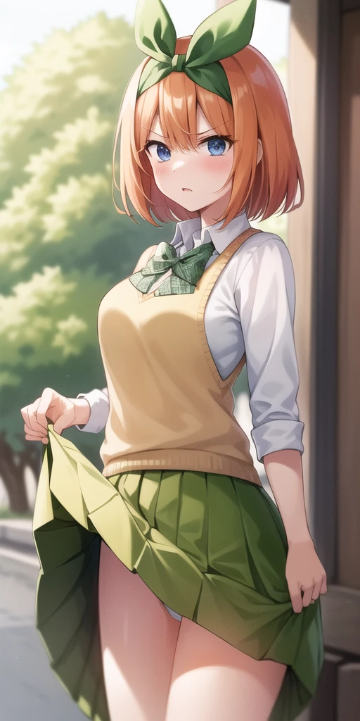 2D, masterpiece, Highest quality, anime, Very detailed, One girl, alone, Cowboy Shot, nakano yotsuba, Orange Hair, Hair Ribbon, Green bow tie, Yellow Sweater, Collared shirt, Green Skirt, mini skirt, Medium chest, Are standing,Pussy in full view,(Skirt Lift:1.5), School, Outdoor, Disgust,anger