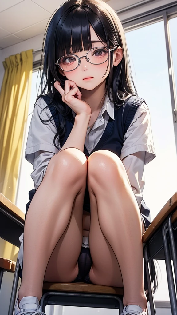 summer、thick、Sweat、、high school girl、Low length、(((((Eyes hidden by long bangs)))))、(((Long black hair:1.2 hair band)))(((Black-rimmed glasses:1.2 black eye)))、Strong sunlight、thicksummerの昼間、Dazzling sunlight、Look at this、glamorous、Checked mini skirt、Navy knit vest、sneakers、Open Skirt、Showing sexy panties、indoor, classroom, School desk, window, School Chair, curtain, Natural Fingers、誰もいないclassroom、classroomの机に座り、Spread your leg-shaped legs、Open up、Open your crotch with both hands、Embarrassed