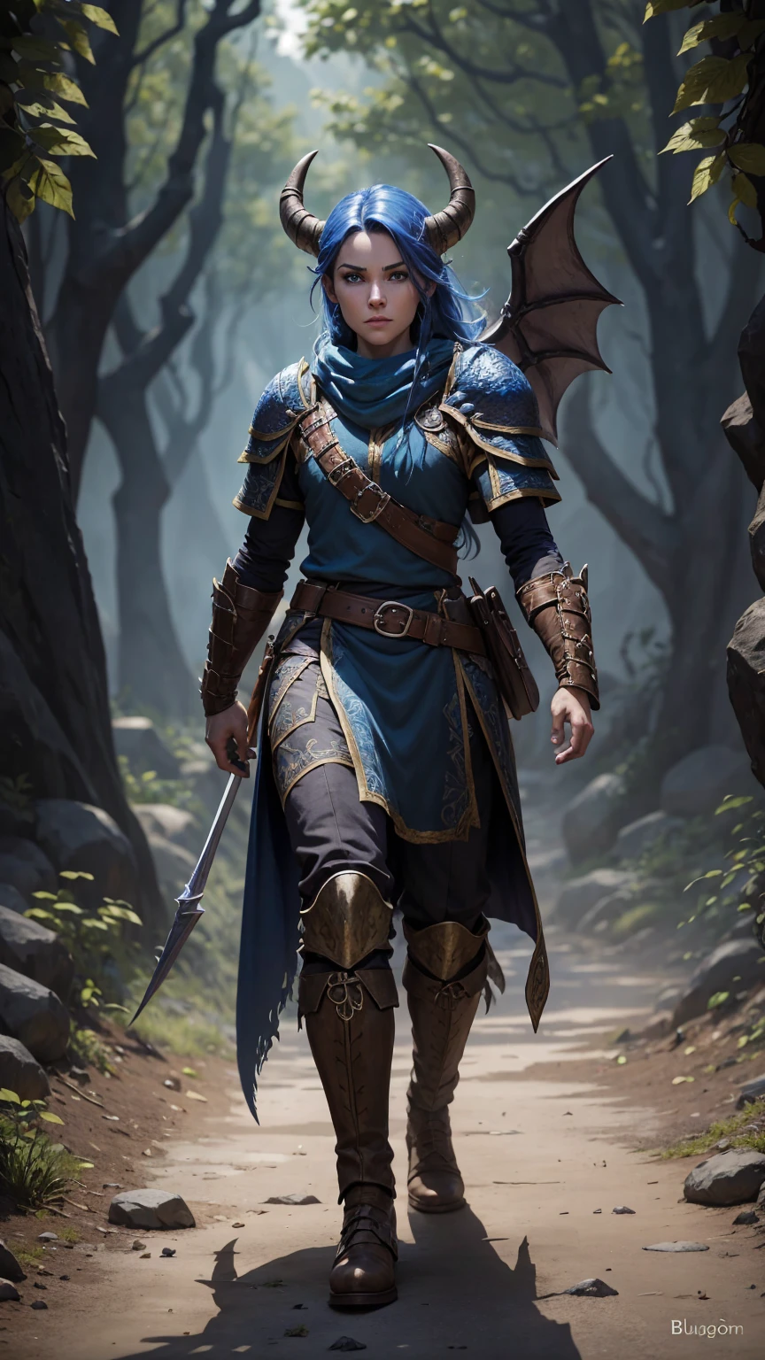 dungeons & dragons rpg blue full dragonborn draconic face aspects ranger hunter with bow full body scene