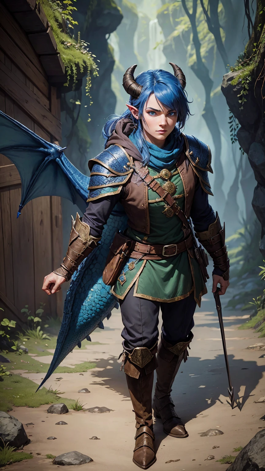 dungeons & dragons rpg blue full dragonborn draconic face aspects ranger hunter with bow full body scene