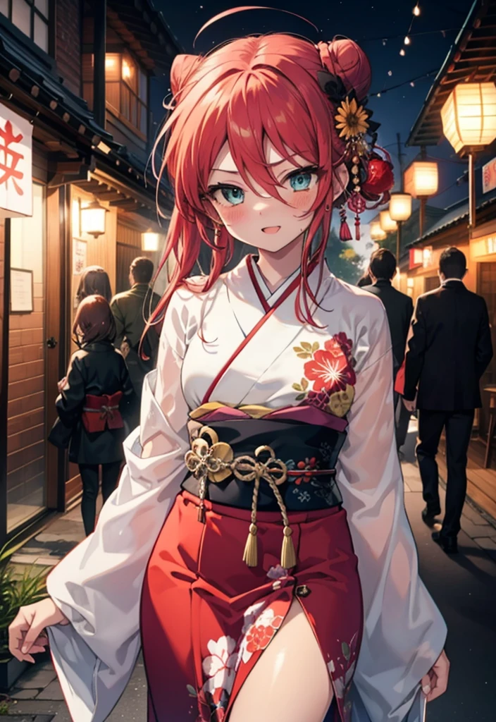 Shana,灼眼のShana,Long Hair, Red hair,Red eyes,Ahoge,smile,blush,Open your mouth,Hair Bun, single Hair Bun,blush,Red Kimono,Thick sleeves,Red long skirt,日本のfestival,夏festivalの屋台,Red lantern,So that the whole body goes into the illustration,Walking, break looking at viewer, Upper Body (Cowboy Shot:1. 5), break outdoors, shrine,festival, break (masterpiece:1.2), Highest quality, High resolution, unity 8k wallpaper, (shape:0.8), (Beautiful and beautiful eyes:1.6), Highly detailed face, Perfect lighting, Highly detailed CG, (Perfect hands, Perfect Anatomy),