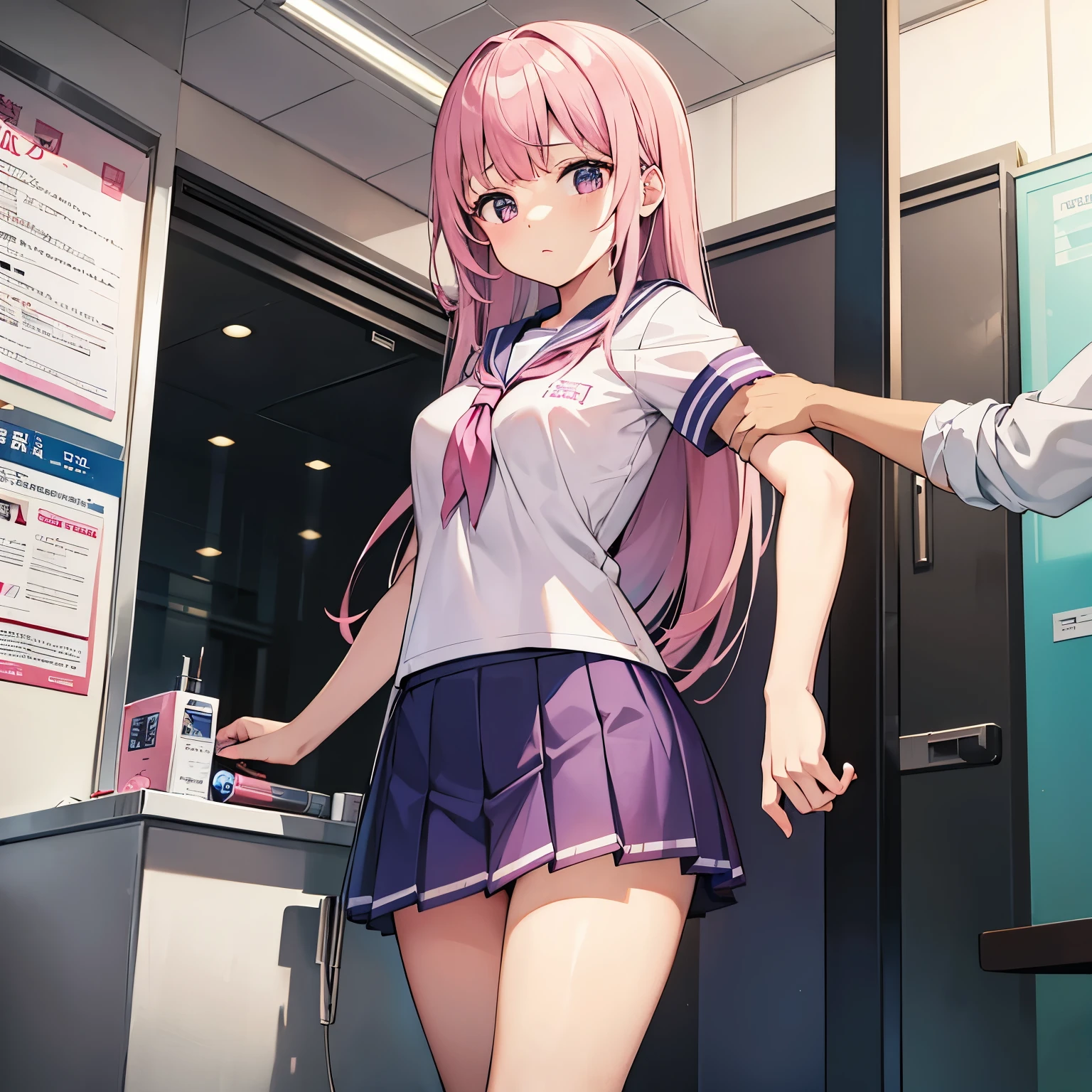 A pink-haired high school girl in a sailor uniform receives a vaccination、The man grabbed his arm、Take the syringe and stick it into your upper arm.。.