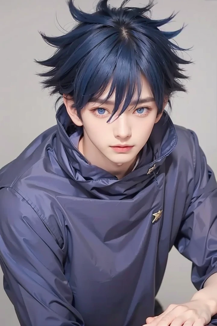 Handsome boy, dark blue hair, dark blue eyes, wearing dark blue turtle neck suit