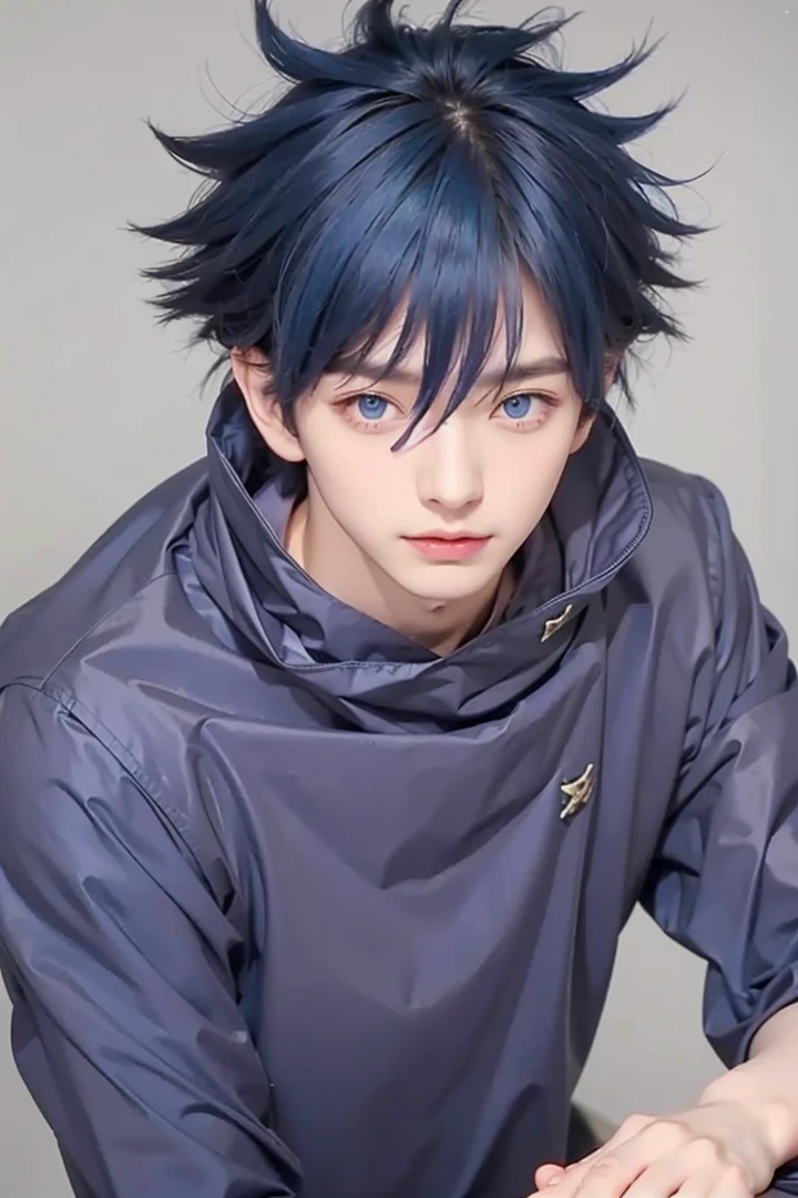 Handsome boy, dark blue hair, dark blue eyes, wearing dark blue turtle neck suit