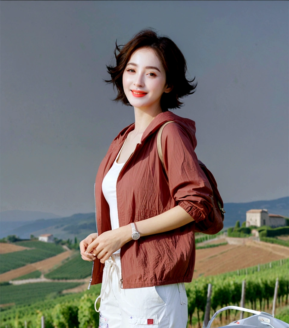 k Best picture quality, Beautiful 36-year-old Korean woman, You have good skin and big and pretty eyes... clear and nice weather. Chest size 34 inches, italian countryside, past the vineyard, The cathedral can be seen in the distance in thick fog.., The back background is realistic and vivid quality., Short and medium hair blowing in the wind, Wearing a luxury windbreaker over a t-shirt. beige casual pants, I'm smiling. Standing on a hill overlooking vineyards. the background is clear, Short and slim Korean woman, stand far away, Photo taken with a wide-angle lens, One woman with big and pretty eyes, eyes are round and big