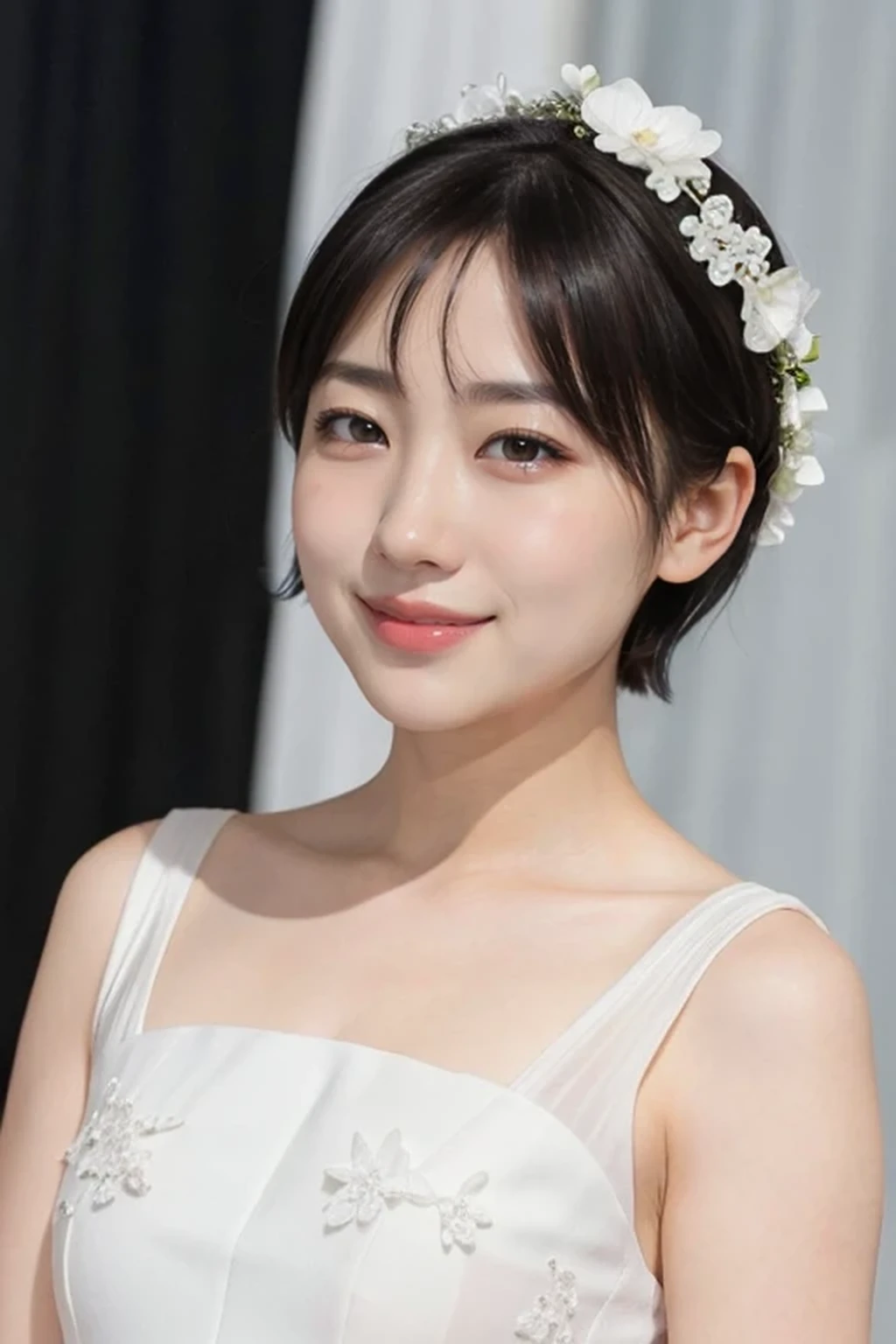 (black wedding bun short hair:1.2), (white wedding dress, intricate dress, ball gown, bridal veil, bride, curtains, depth of field, dress, flower, hair flower, hair ornament, see-through, white flower, white rose:1.1), (face full of joy:1.3), one girl, , 8k, RAW photo, best quality, masterpiece, realistic, photo-realistic, clear, professional lighting, BREAK, no makeup face, smile, BREAK, (short cut hair, small breasts:1.2), (looking back:1.2), black eyes, black hair, full body