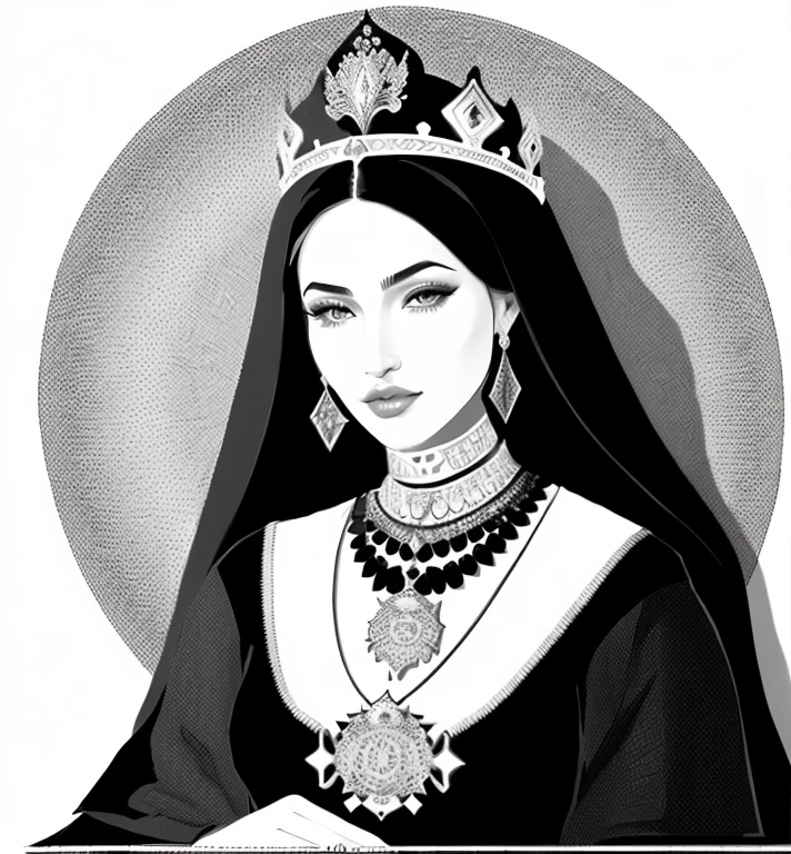Illustration of a woman, Ancient Princess Libu, The Persian Queen, a beautiful fantasy empress, Arabian princess, The Persian Princess, Kazakh Empress, Sorceress Maya Ali, black & White Vector Graphics, portrait of a princess, Portrait of Megan Fox as Queen, gothic princess portrait, Indian Empress, Indian Princess, medieval princess