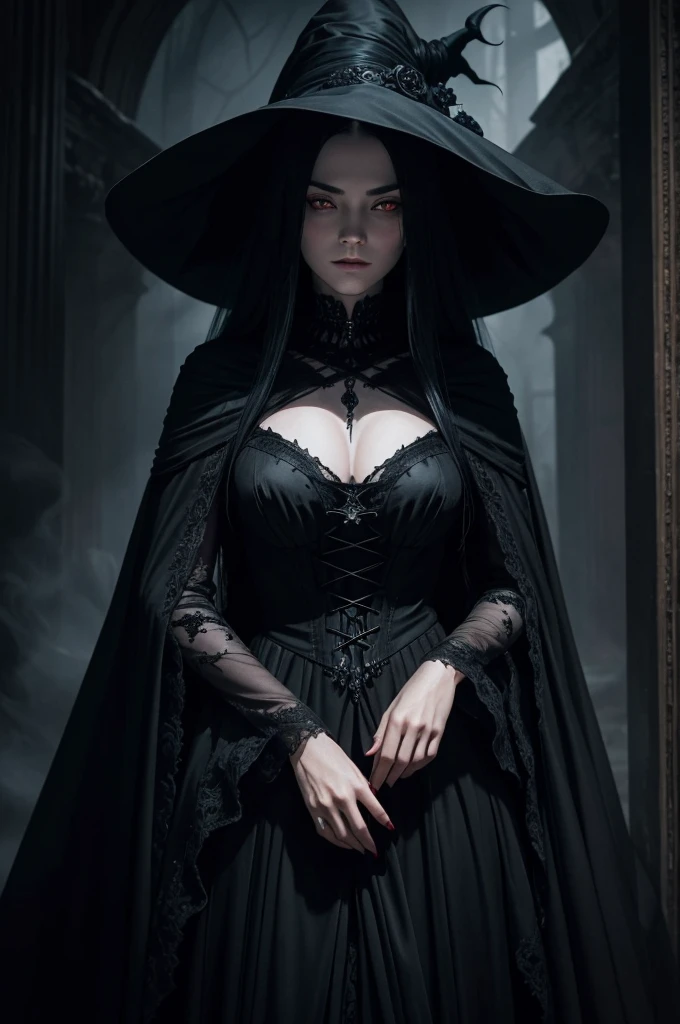 A captivating, enchantingly sinister witch with flowing black hair and piercing red eyes stands cloaked in a revolving black silk dress, conjuring something malevolent under the cover of darkness. This striking image could be a stunningly detailed painting, capturing the witch's intense gaze and flowing dress. Every intricate detail is flawlessly depicted, from the flickers of magic to the shadowy depths of her eyes. The overall effect is a mesmerizing blend of darkness and mystique, inviting viewers to ponder the witch's mysterious intentions.