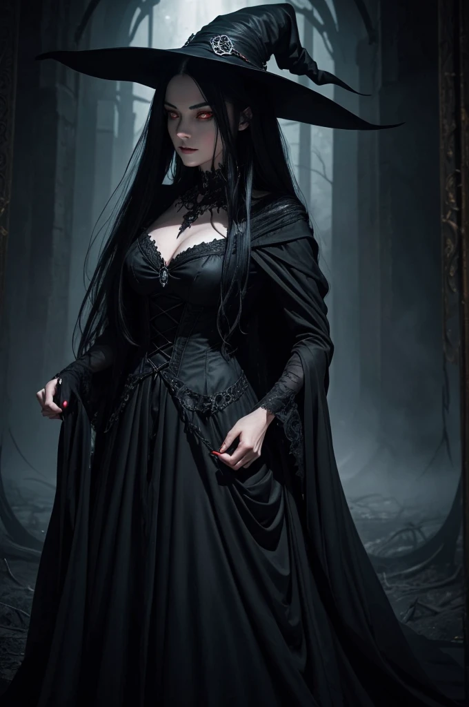 A captivating, enchantingly sinister witch with flowing black hair and piercing red eyes stands cloaked in a revolving black silk dress, conjuring something malevolent under the cover of darkness. This striking image could be a stunningly detailed painting, capturing the witch's intense gaze and flowing dress. Every intricate detail is flawlessly depicted, from the flickers of magic to the shadowy depths of her eyes. The overall effect is a mesmerizing blend of darkness and mystique, inviting viewers to ponder the witch's mysterious intentions.