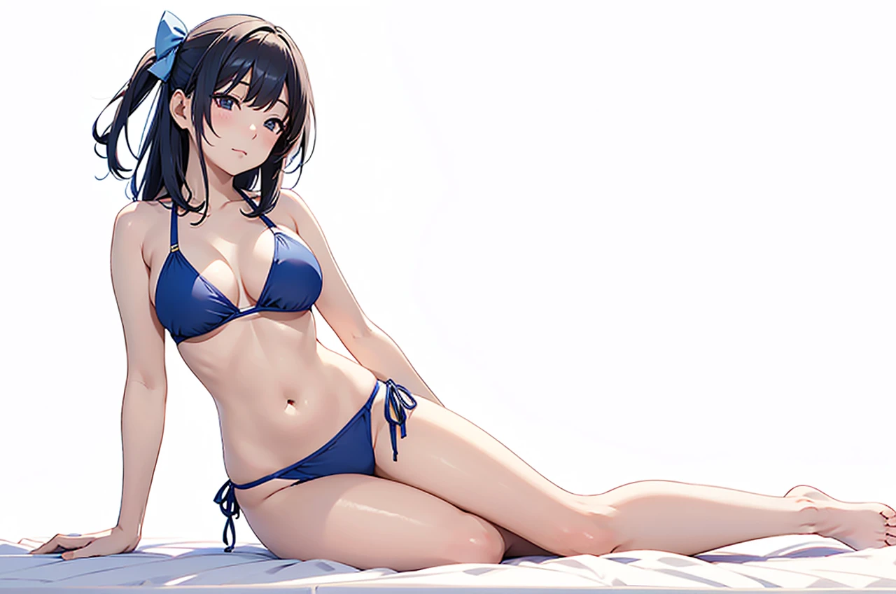 Yoshiko Tsushima
  in a bikini laying down on her side with her arm for support poseing 